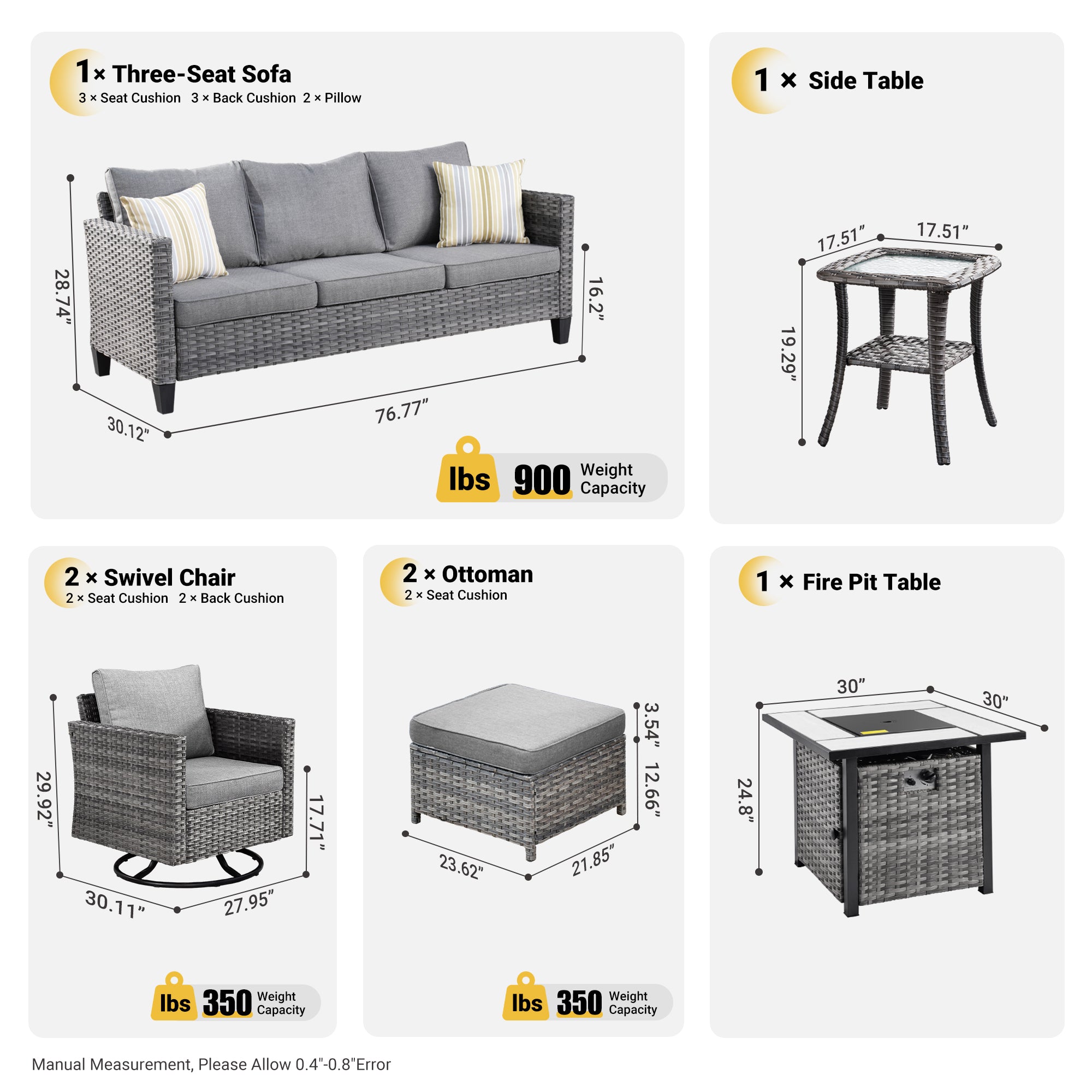 OVIOS Patio Vultros 7-Piece Set With Swivel Chair and Rectangle 42'' Propane Fire Pit Table