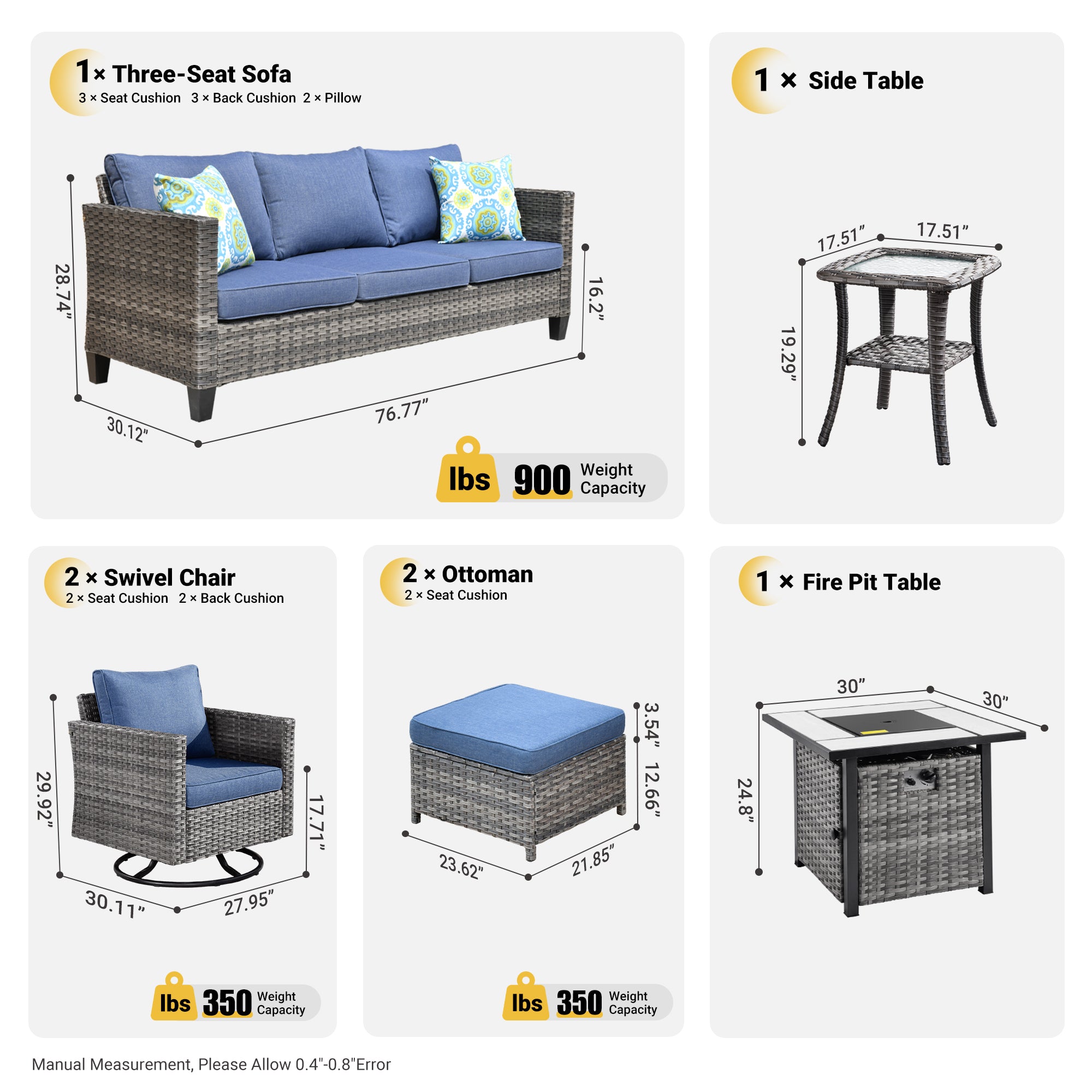 OVIOS Patio Vultros 7-Piece Set With Swivel Chair and Rectangle 42'' Propane Fire Pit Table
