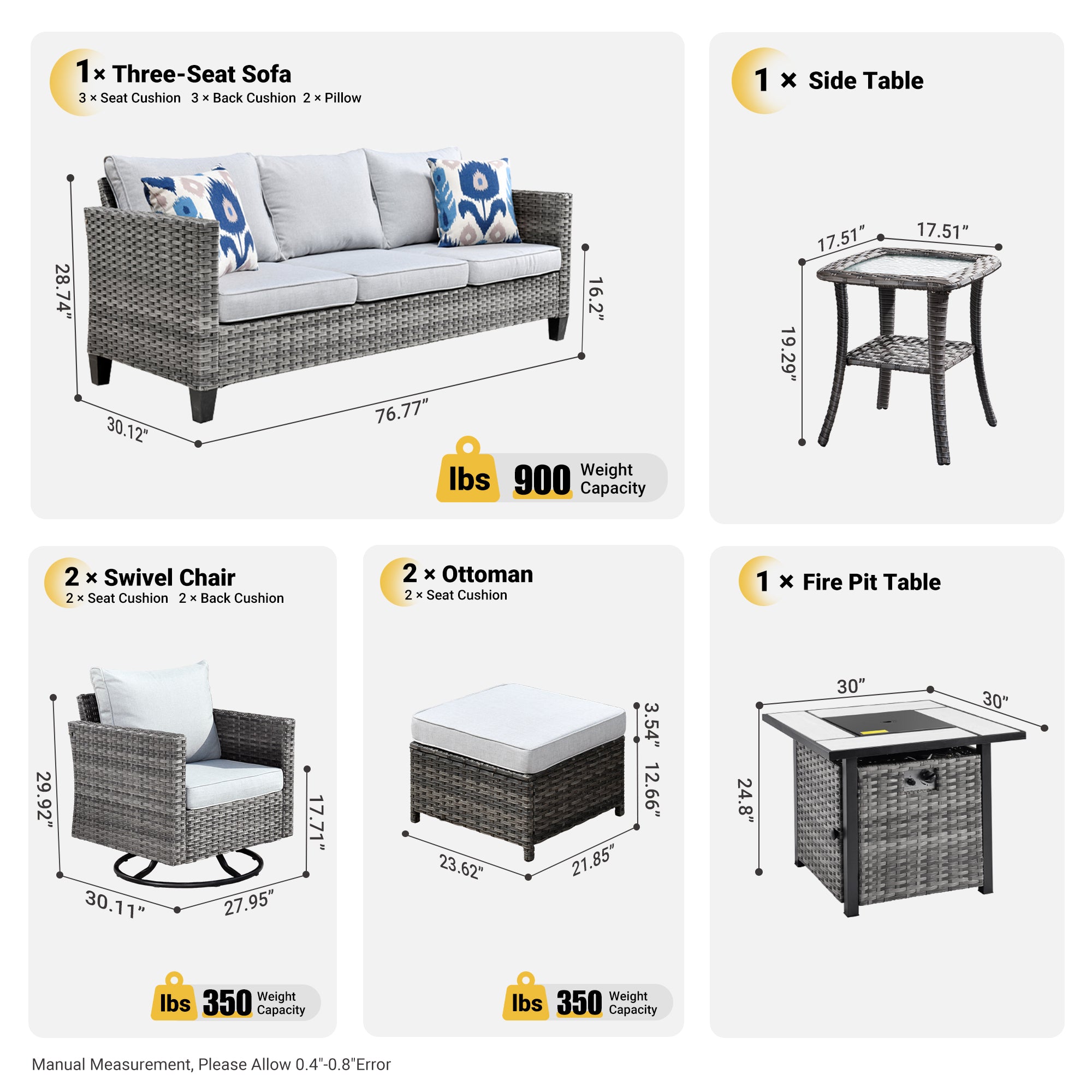 OVIOS Patio Vultros 7-Piece Set With Swivel Chair and Rectangle 42'' Propane Fire Pit Table