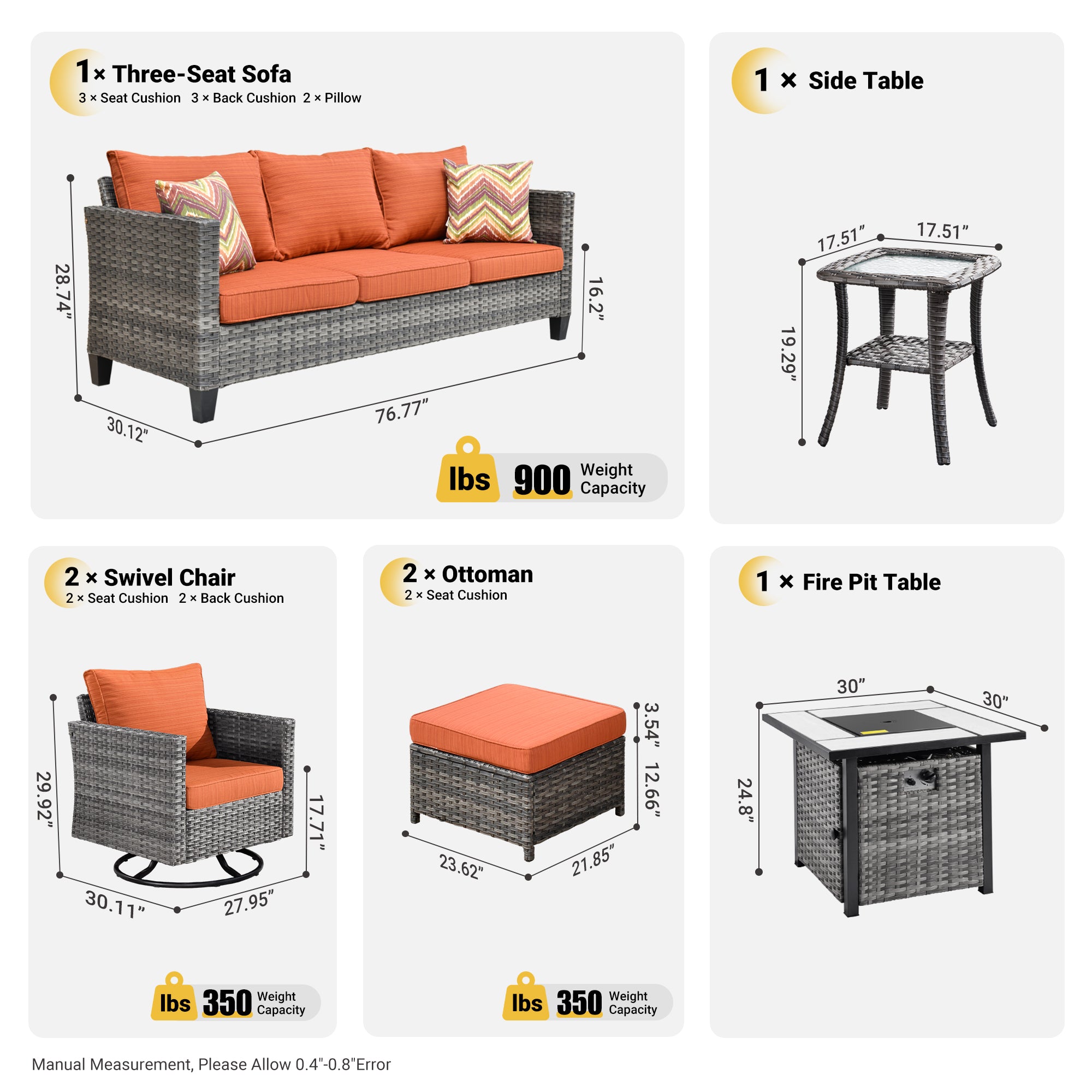 OVIOS Patio Vultros 7-Piece Set With Swivel Chair and Rectangle 42'' Propane Fire Pit Table