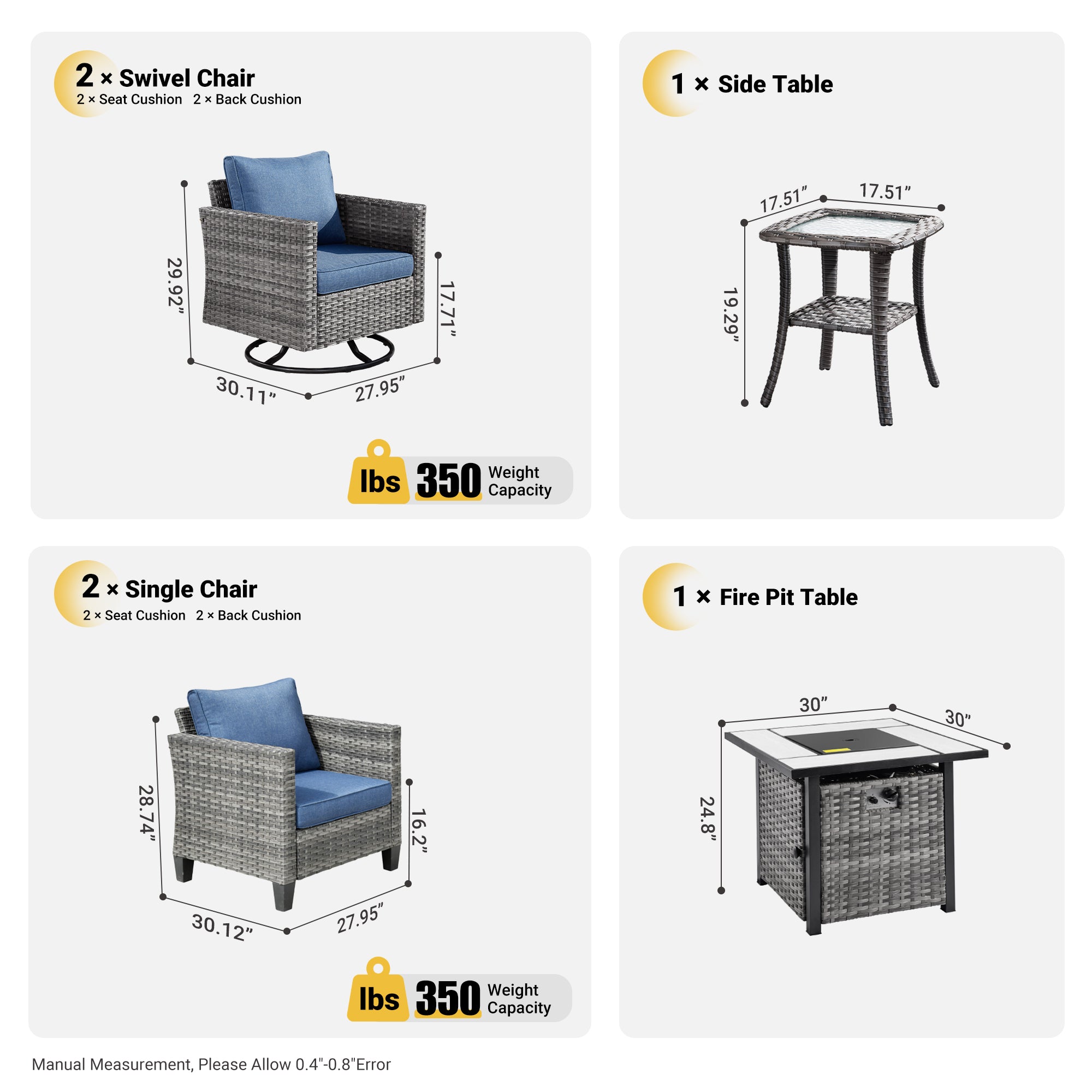 OVIOS Patio Vultros 6-Piece Conversation Set, 2 Swivel Chairs 2 Chairs with 30'' Propane Fire Pit Table