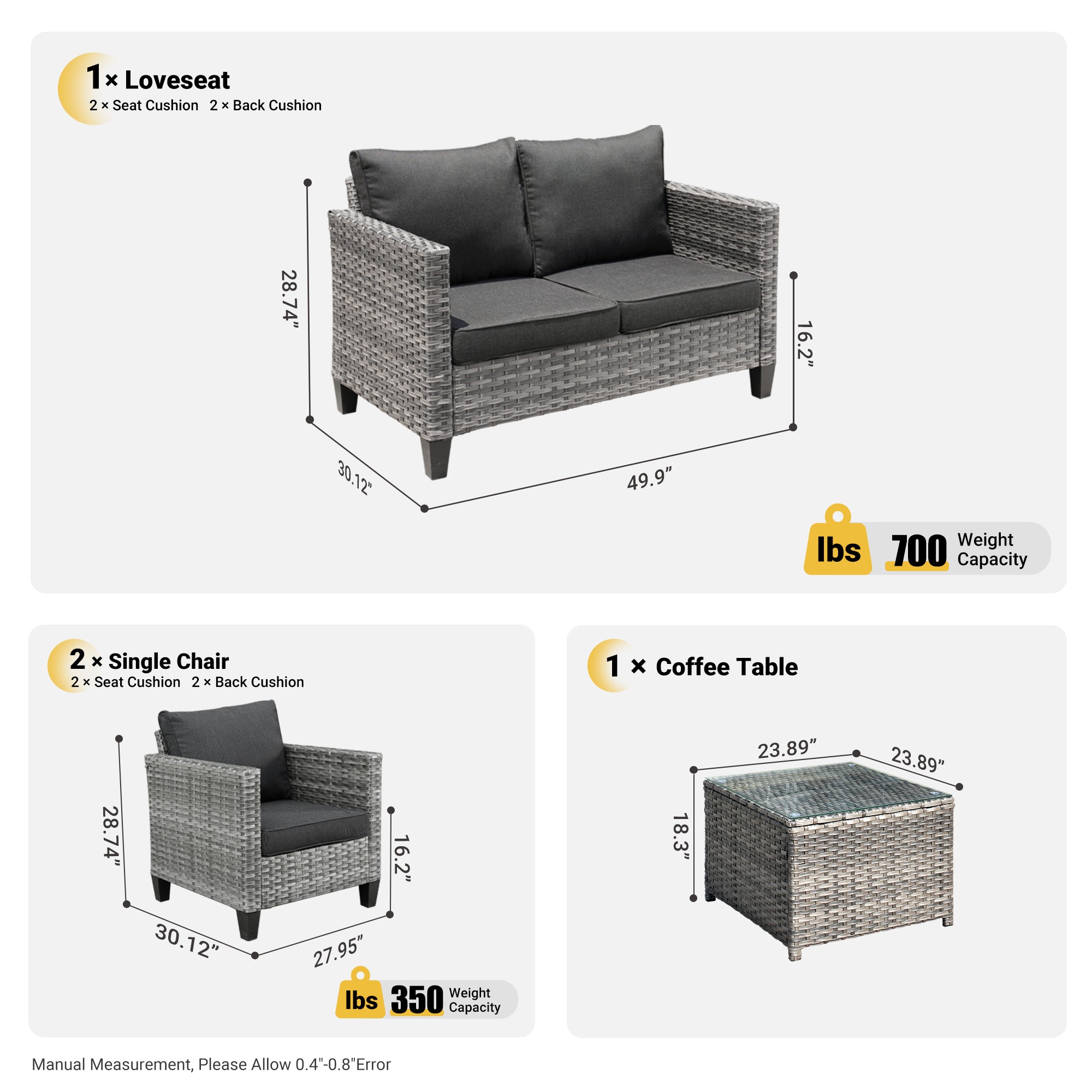 OVIOS Patio Furniture Set New Vultros 4 Piece High Back Sectional Sofa with Cushions
