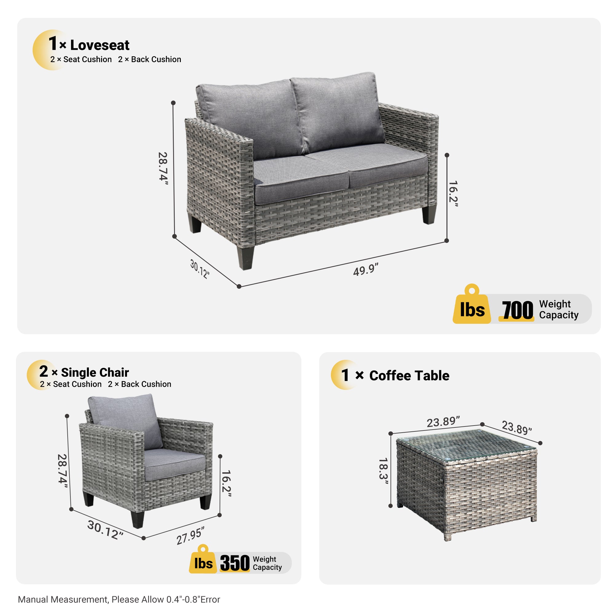 OVIOS Patio Furniture Set New Vultros 4 Piece High Back Sectional Sofa with Cushions