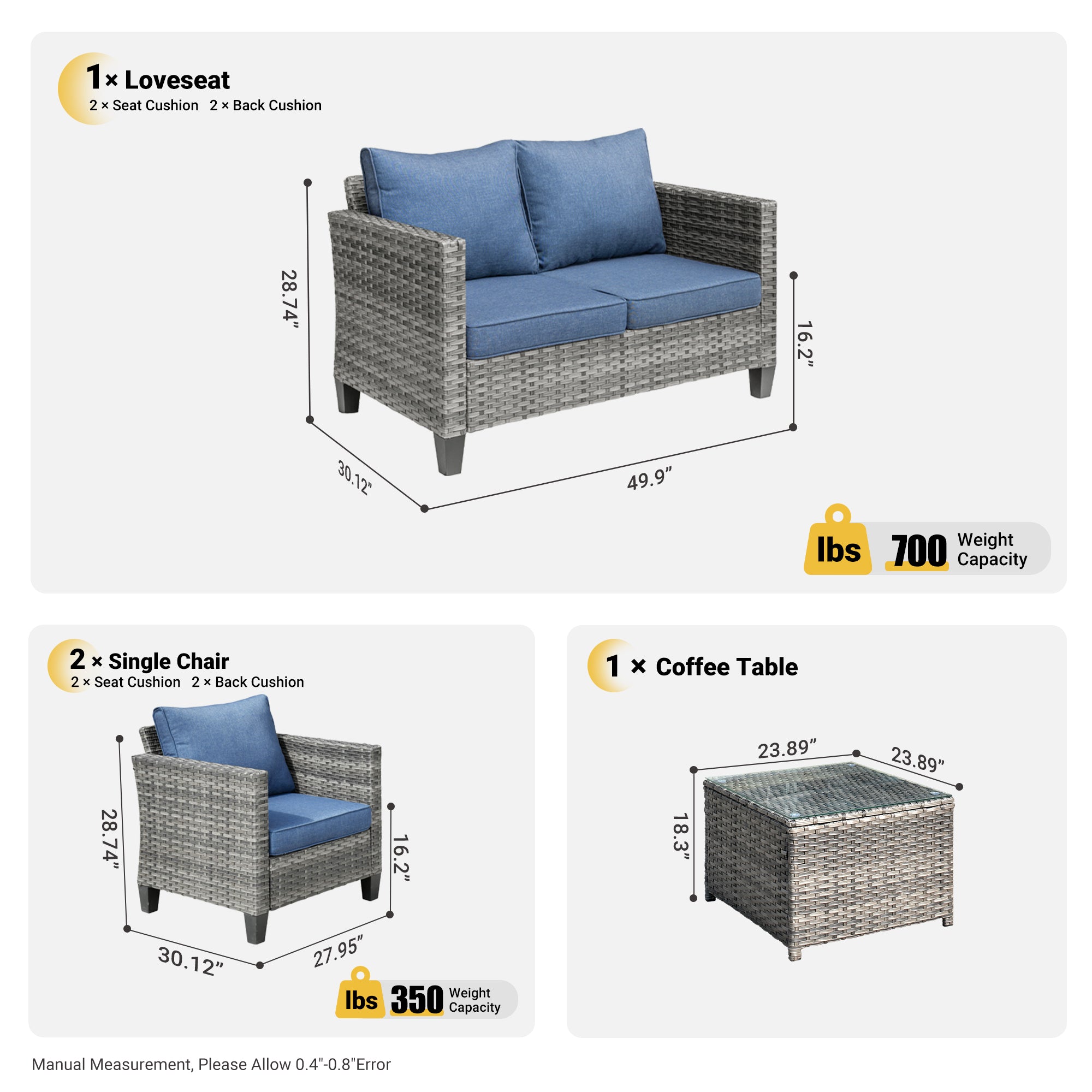 OVIOS Patio Furniture Set New Vultros 4 Piece High Back Sectional Sofa with Cushions