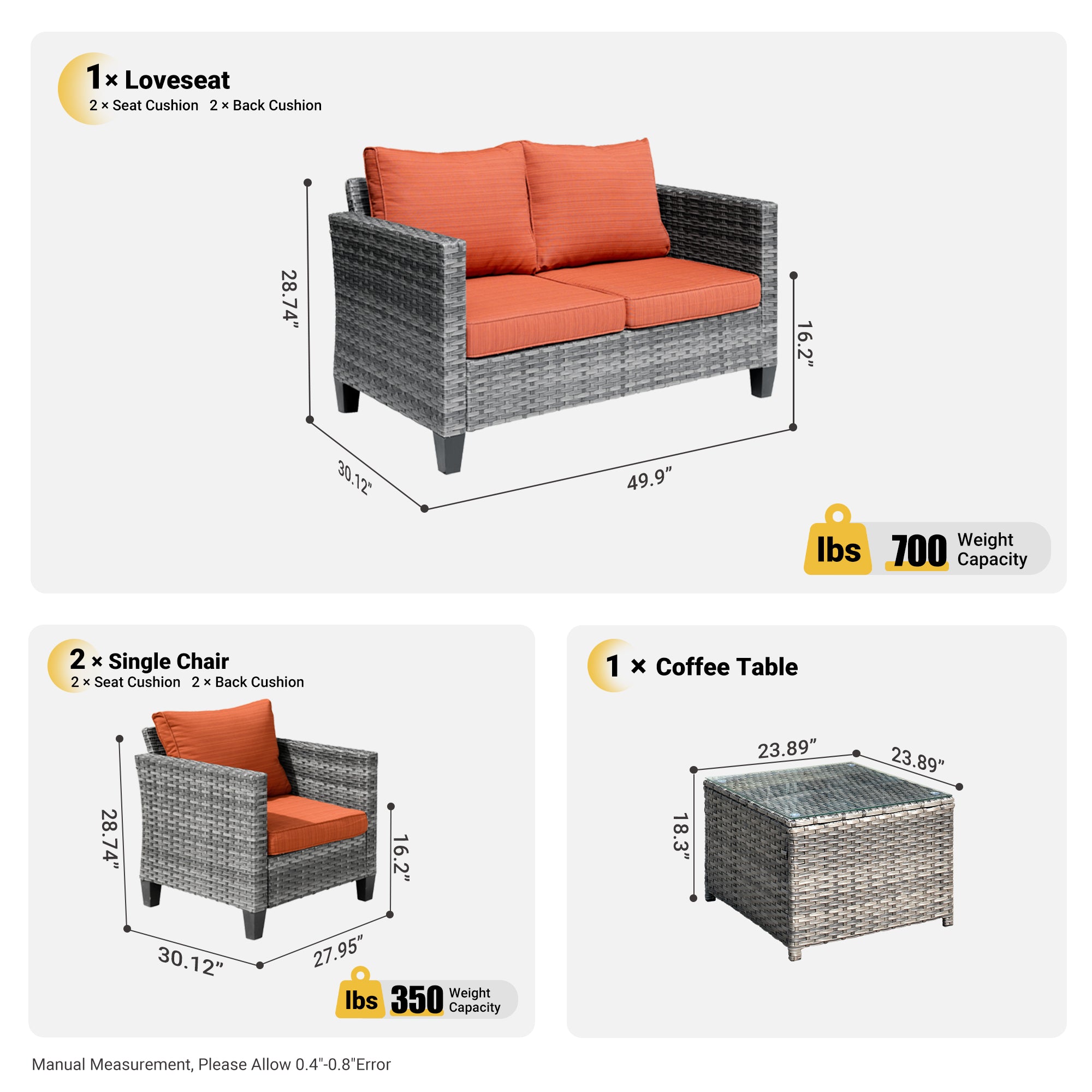 OVIOS Patio Furniture Set New Vultros 4 Piece High Back Sectional Sofa with Cushions