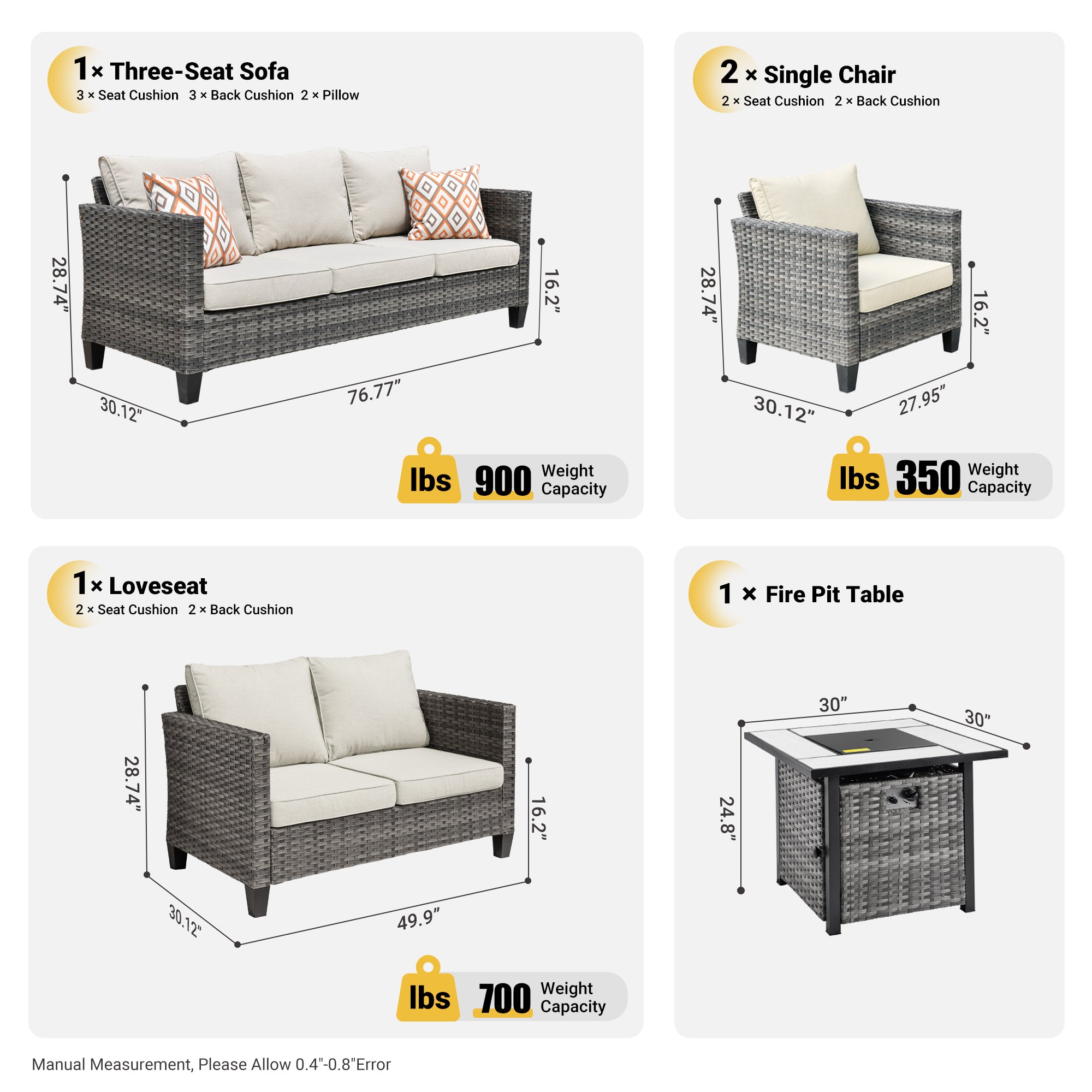 OVIOS Patio Vultros Furniture Set 7-Person Seating with 30'' Propane Fire Pit Table