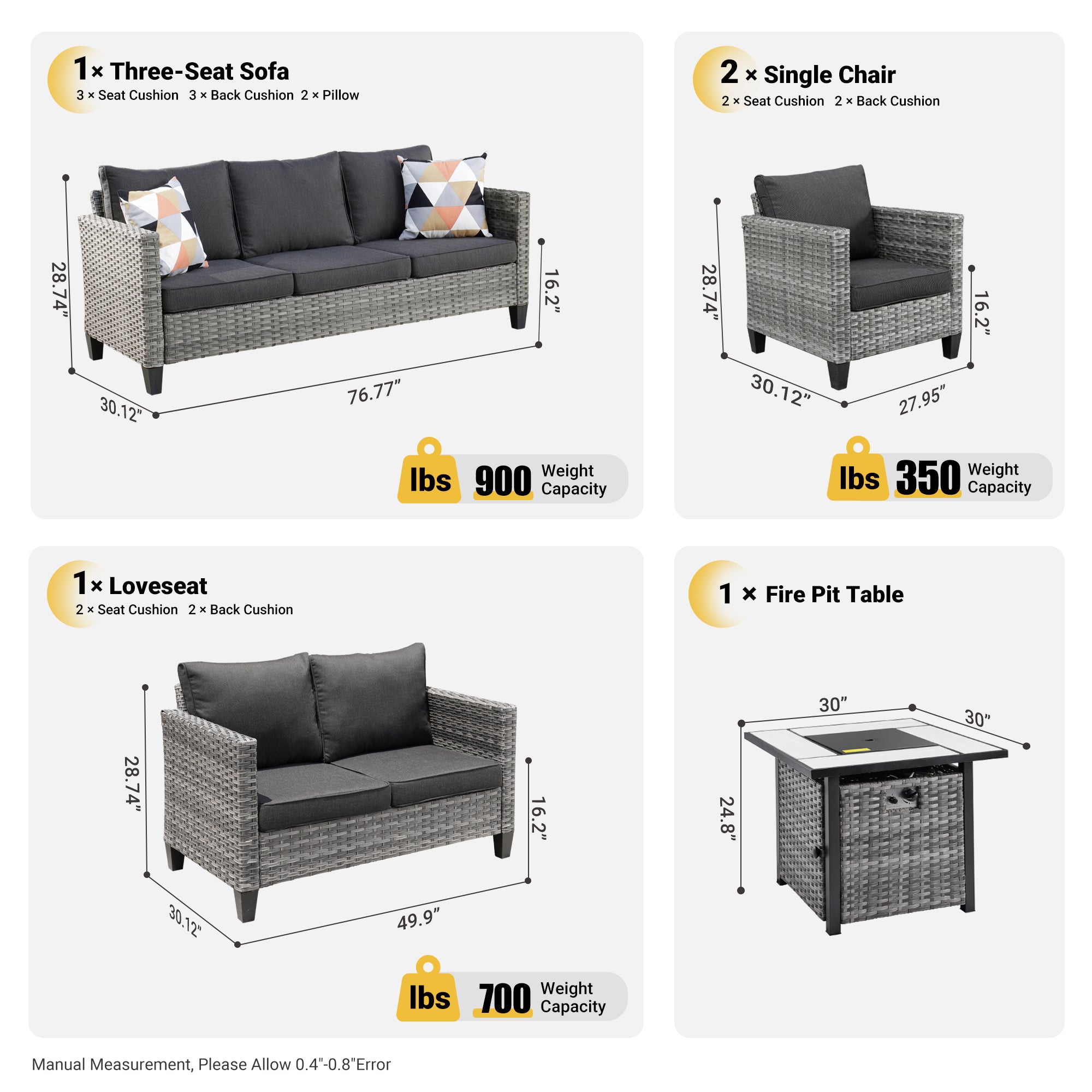 OVIOS Patio Vultros Furniture Set 7-Person Seating with 30'' Propane Fire Pit Table