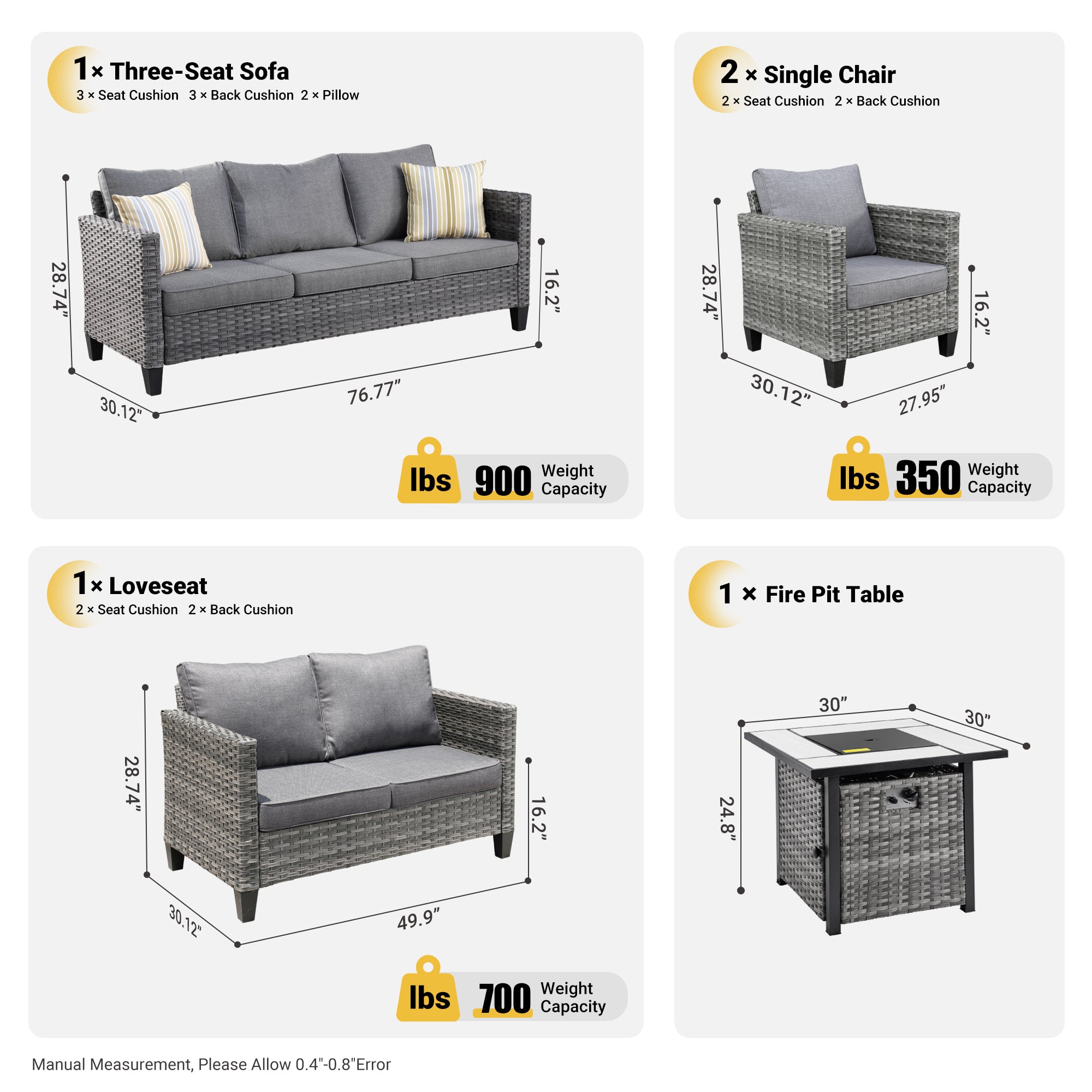 OVIOS Patio Vultros Furniture Set 7-Person Seating with 30'' Propane Fire Pit Table