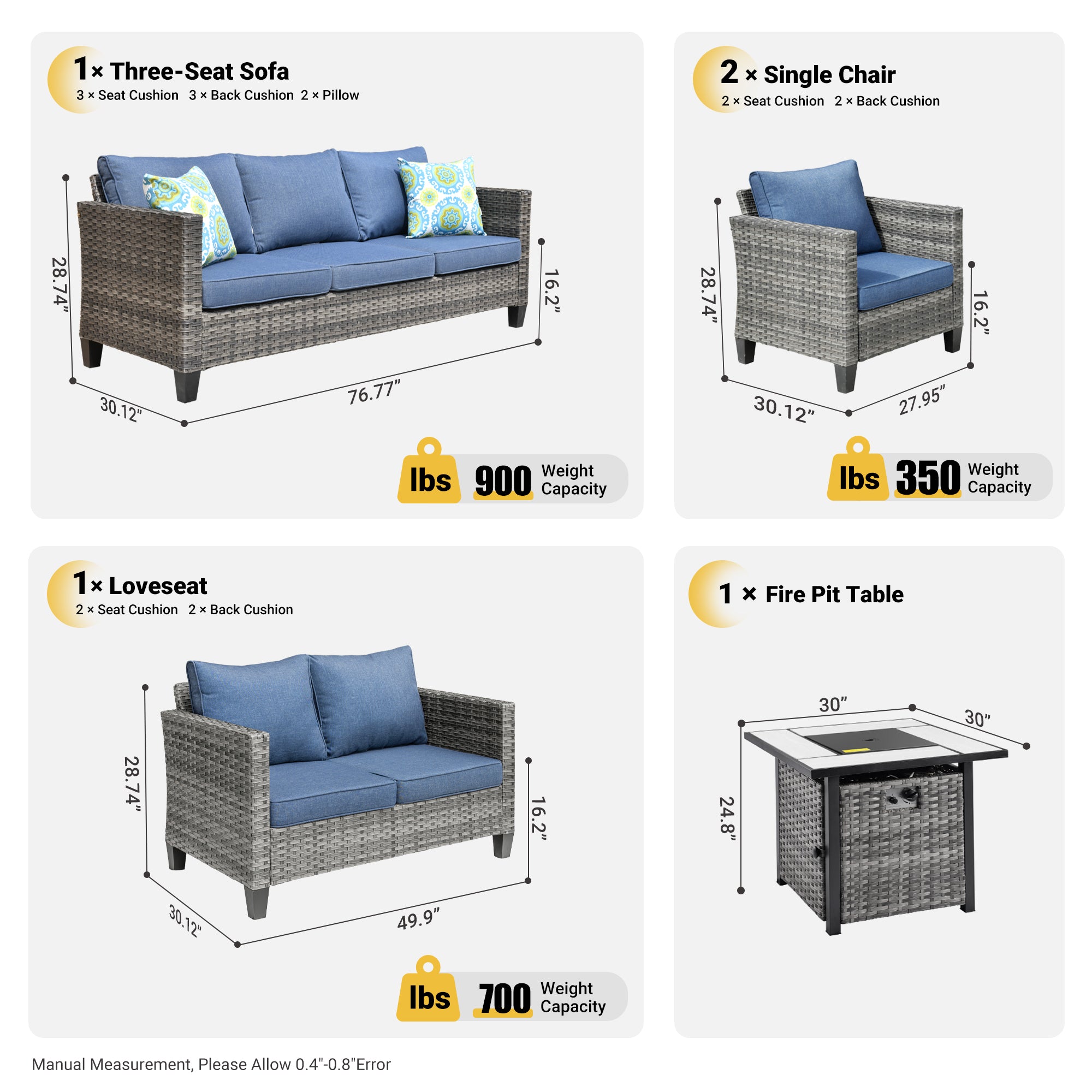 OVIOS Patio Vultros Furniture Set 7-Person Seating with 30'' Propane Fire Pit Table