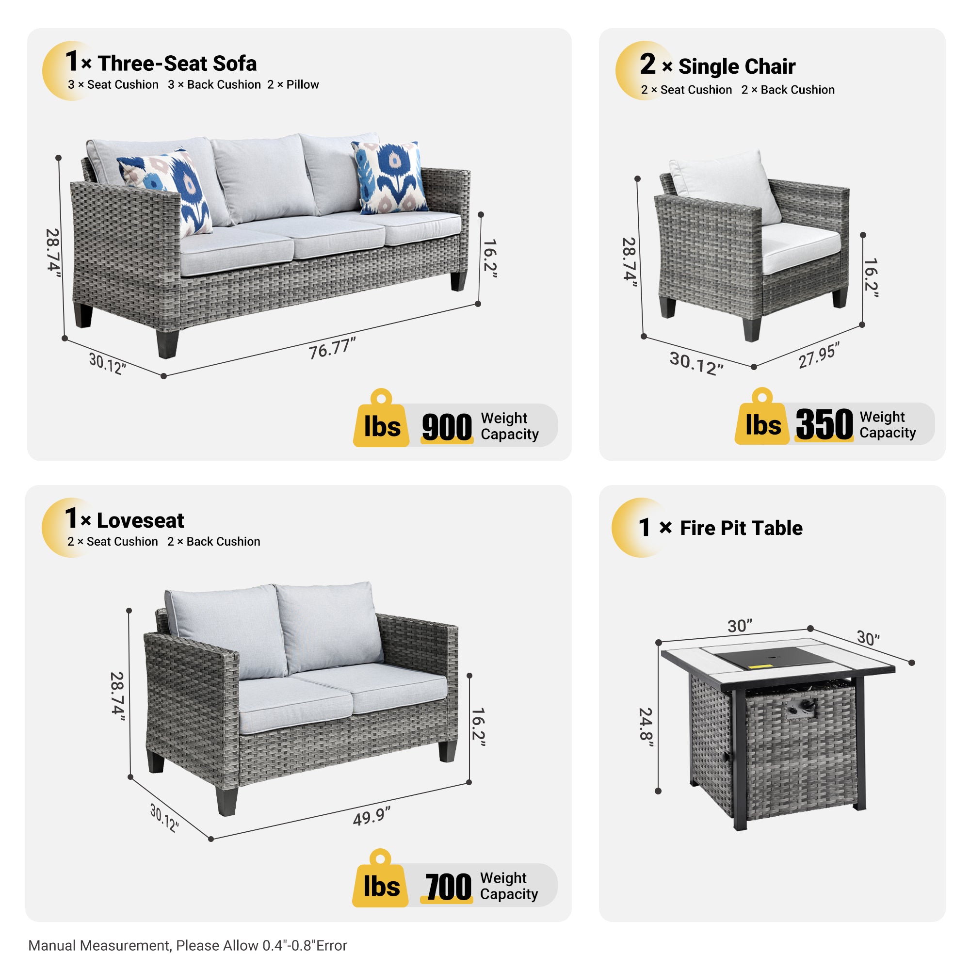 OVIOS Patio Vultros Furniture Set 7-Person Seating with 30'' Propane Fire Pit Table