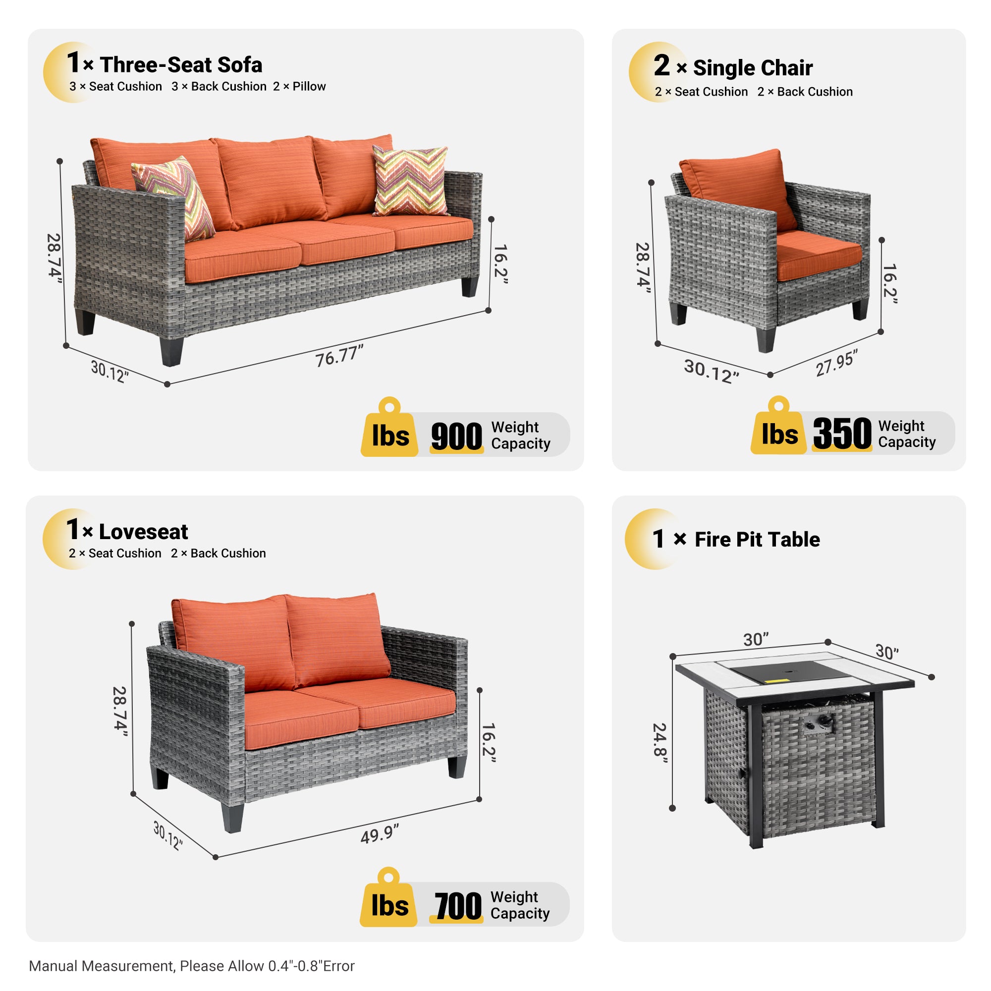 OVIOS Patio Vultros Furniture Set 7-Person Seating with 30'' Propane Fire Pit Table