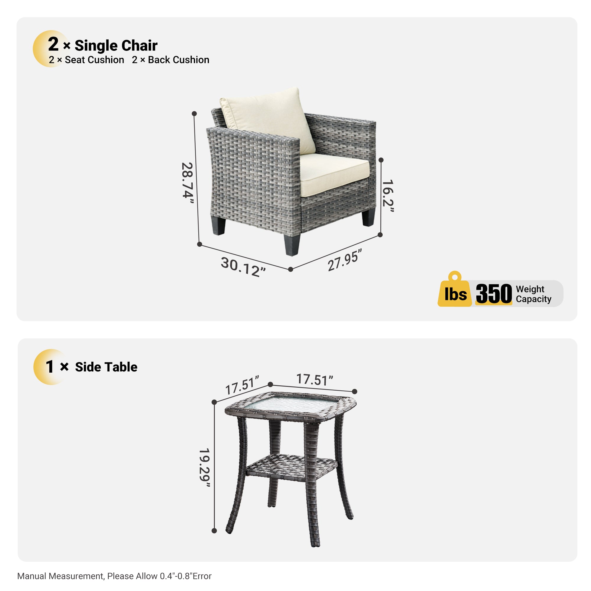 OVIOS Patio Chairs New Vultros 3-Piece with Table High Back Square Shape Armrest