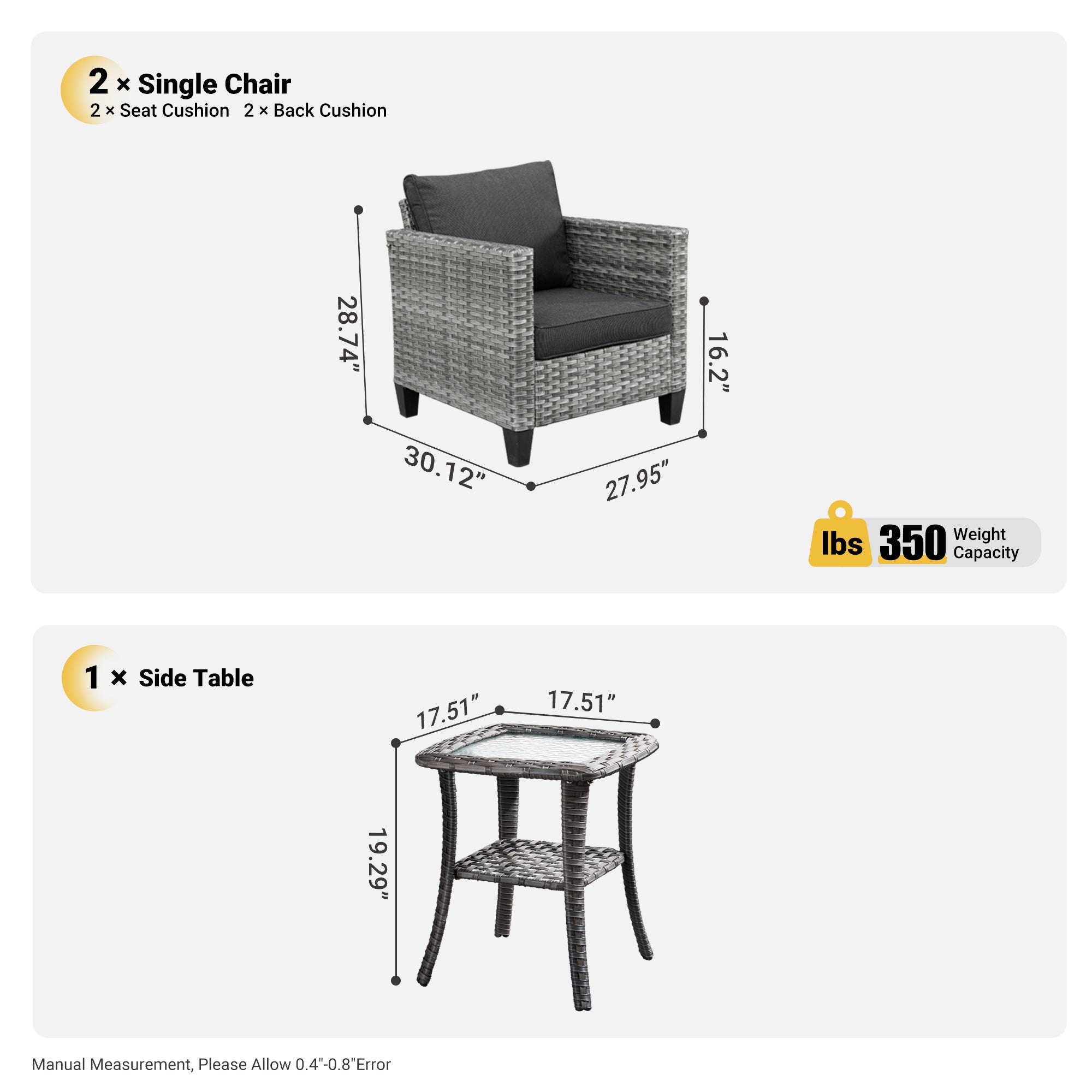 OVIOS Patio Chairs New Vultros 3-Piece with Table High Back Square Shape Armrest