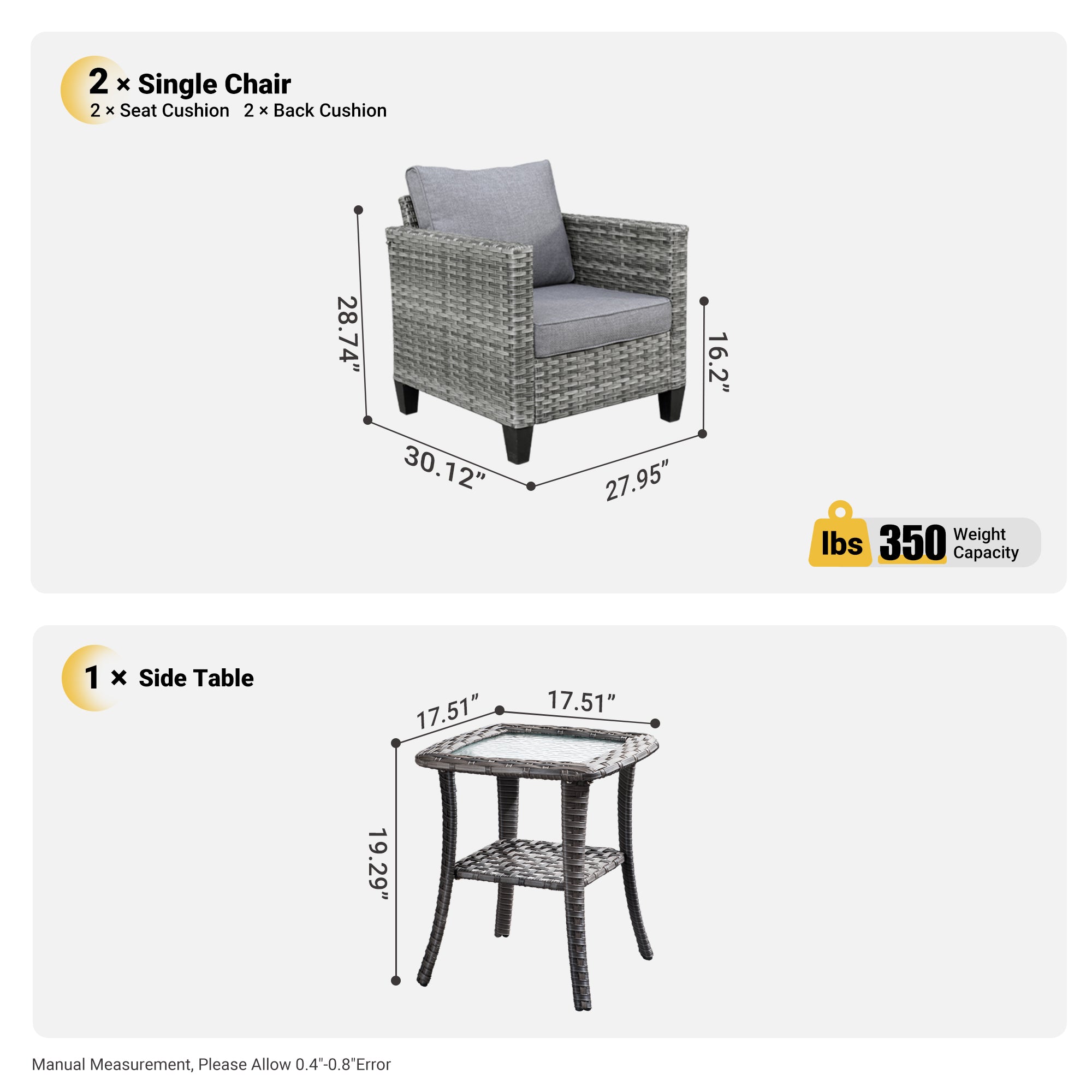 OVIOS Patio Chairs New Vultros 3-Piece with Table High Back Square Shape Armrest