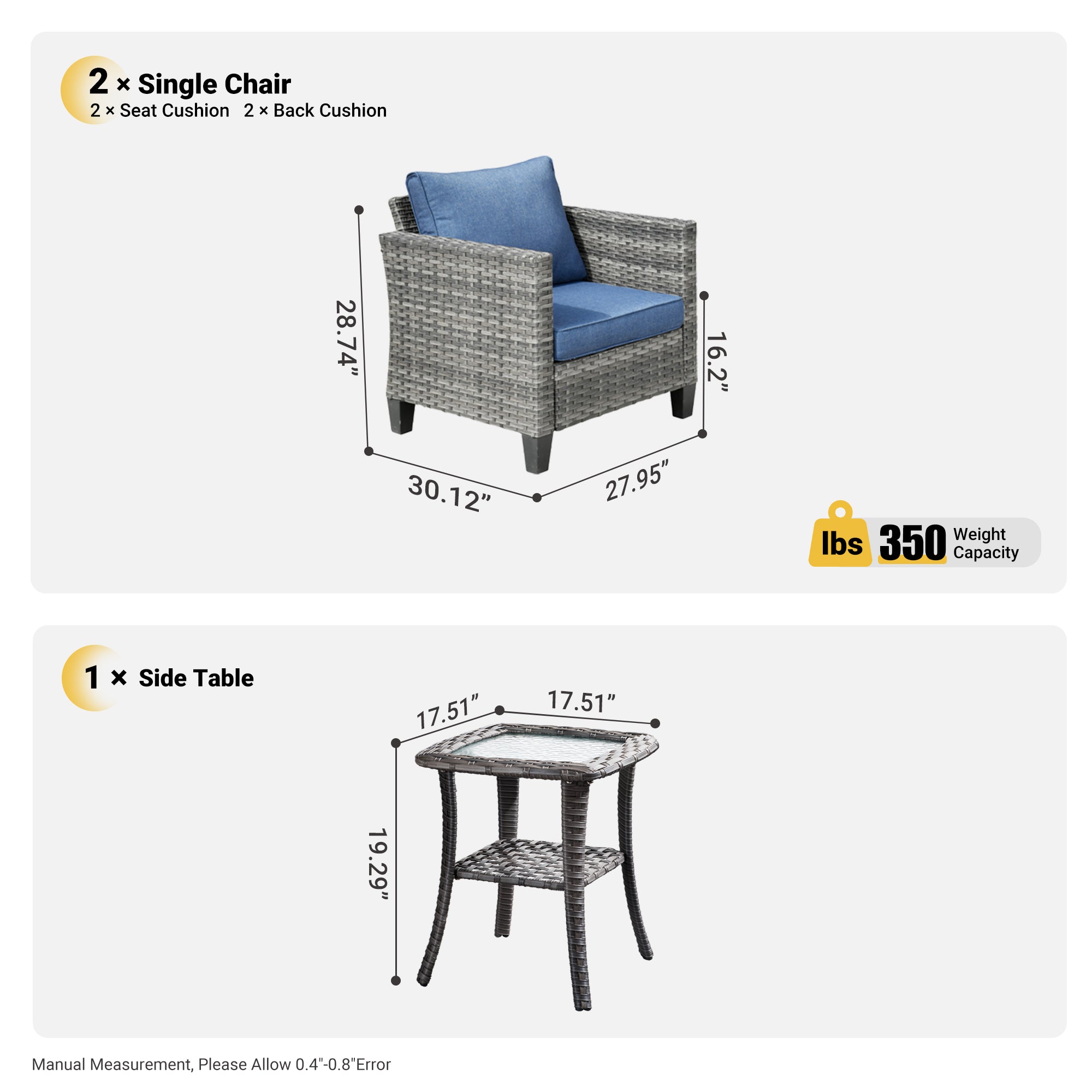 OVIOS Patio Chairs New Vultros 3-Piece with Table High Back Square Shape Armrest