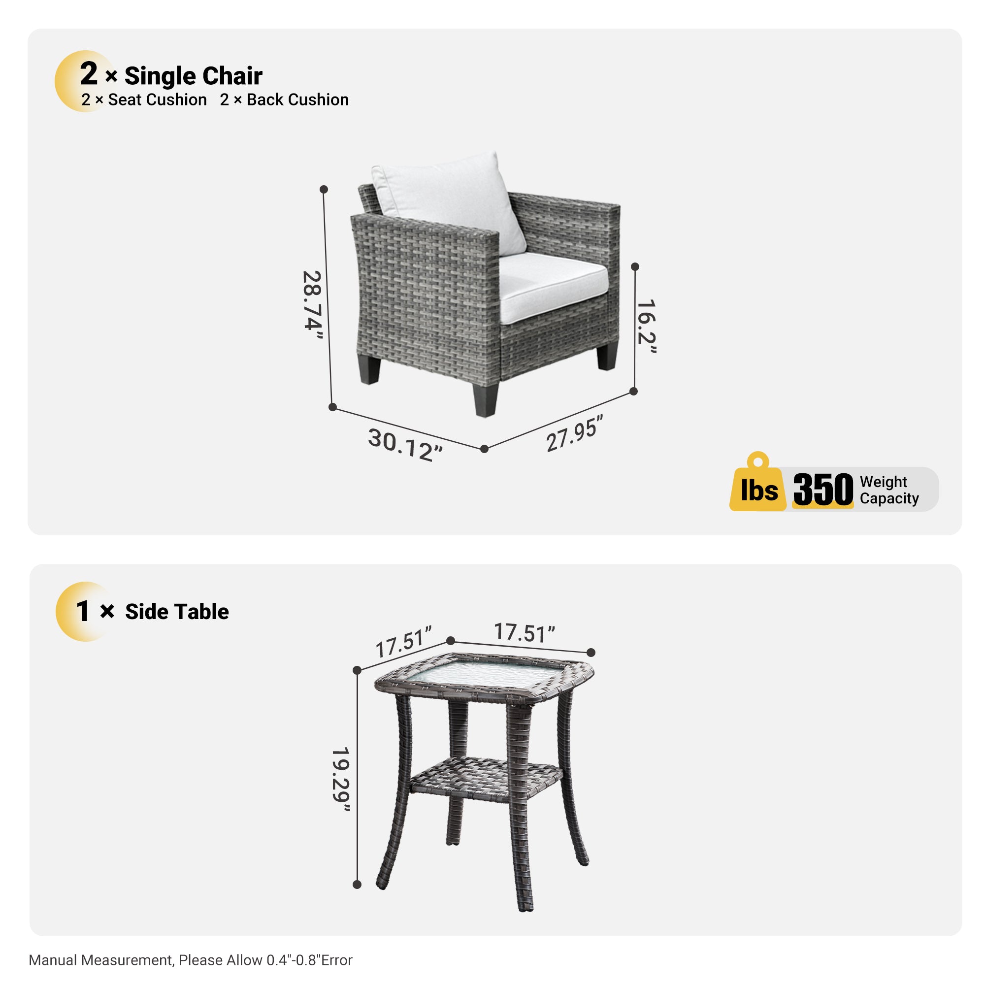 OVIOS Patio Chairs New Vultros 3-Piece with Table High Back Square Shape Armrest