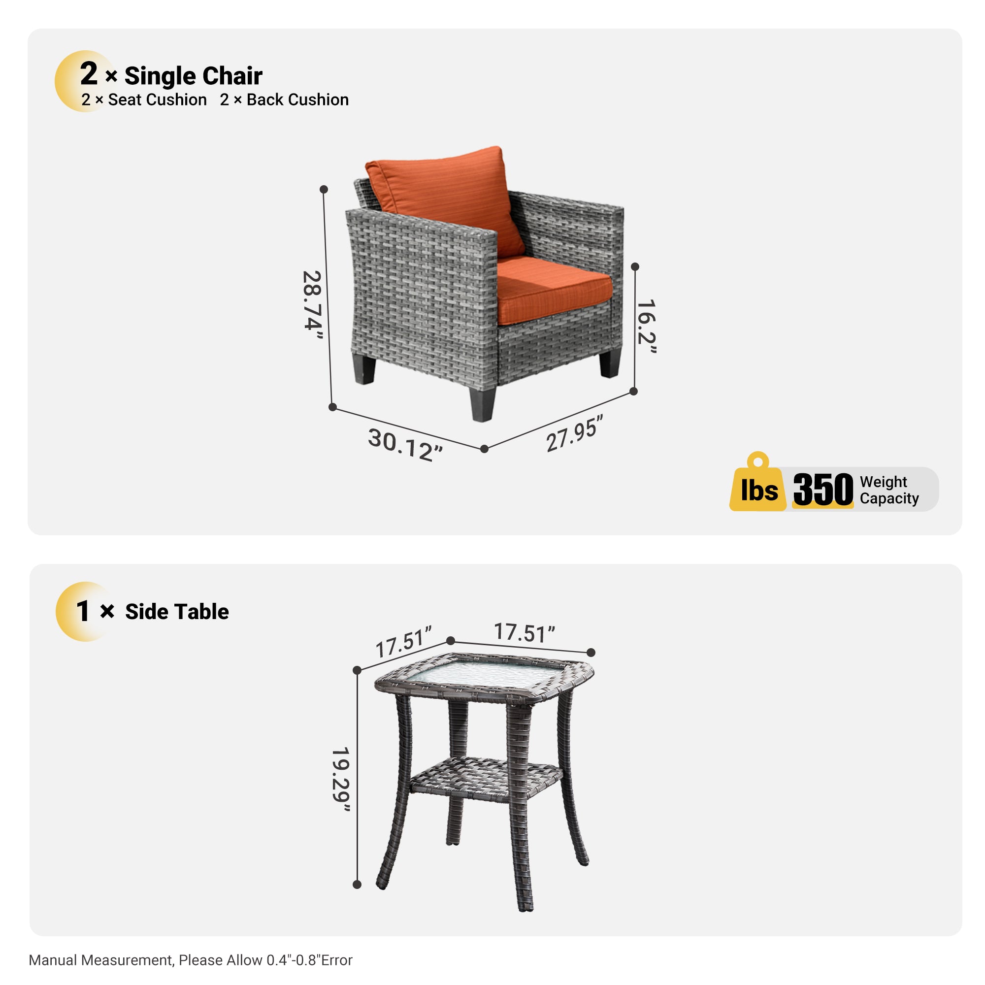 OVIOS Patio Chairs New Vultros 3-Piece with Table High Back Square Shape Armrest