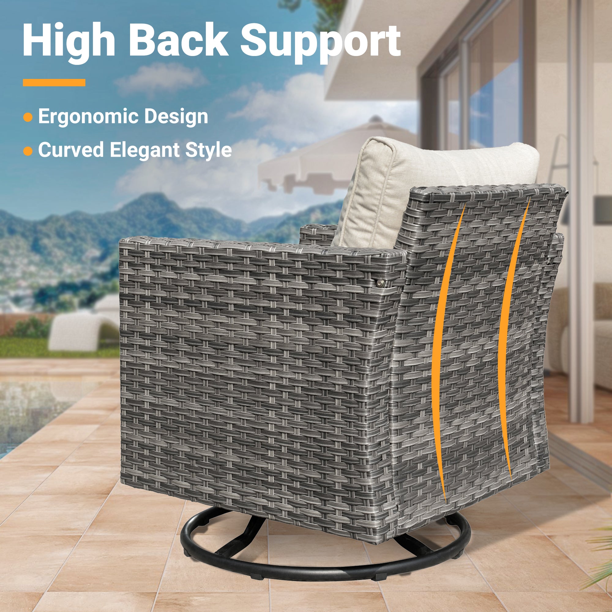 OVIOS Vultros gray wicker patio swivel chair with ergonomic high back support. #Finish_Light Grey Wicker A