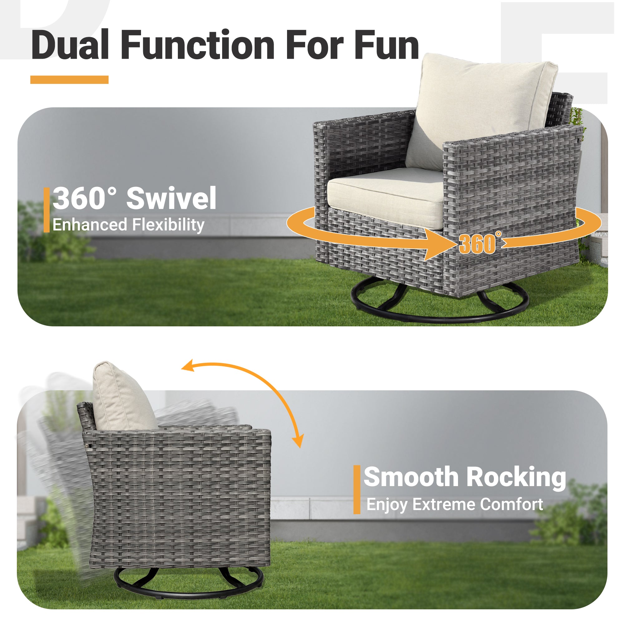 #Color_Grey Wicker Beige Cushion | Grey wicker patio swivel chair with 360° swivel and smooth rocking features.#Color_Grey Wicker Beige Cushion
