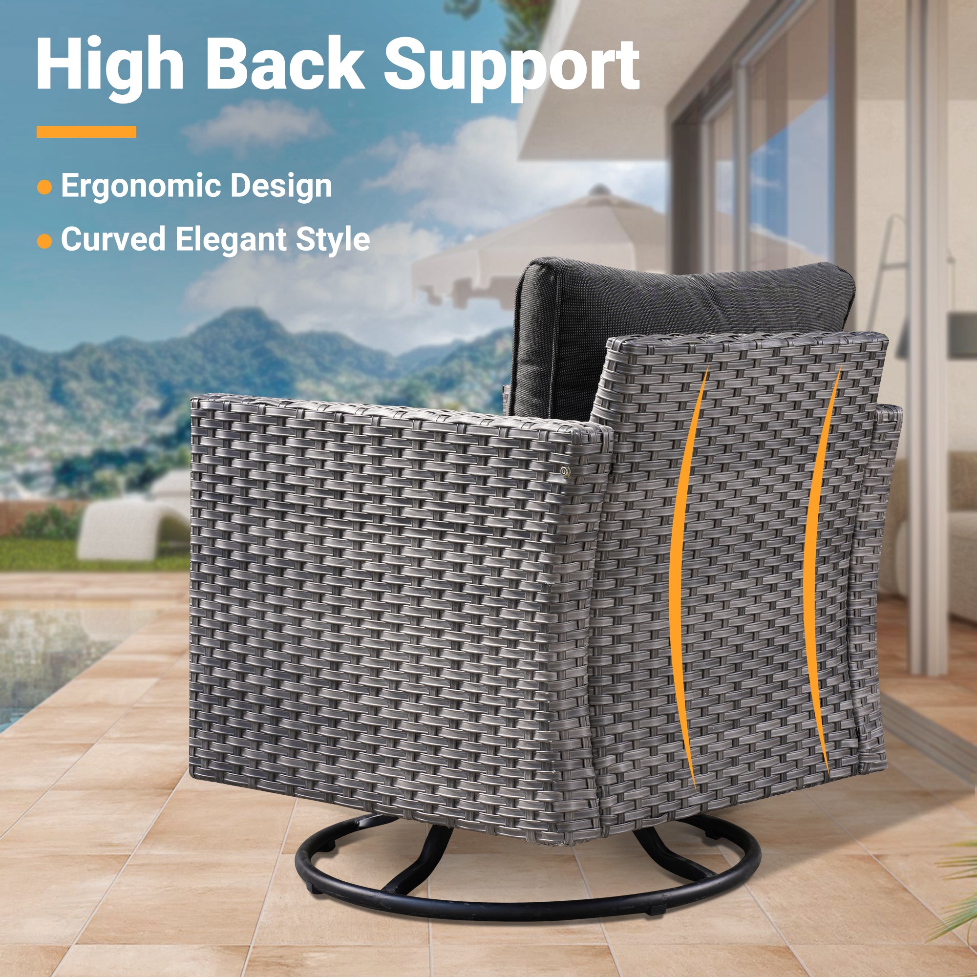 OVIOS gray wicker swivel patio chair with high back support and ergonomic design. #Finish_Light Grey Wicker A