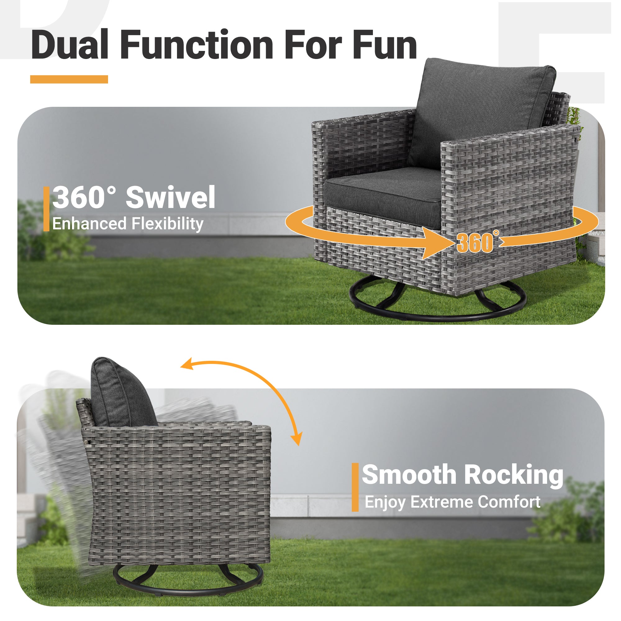 OVIOS grey wicker patio chair with 360° swivel and smooth rocking motion. #Finish_Light Grey Wicker A