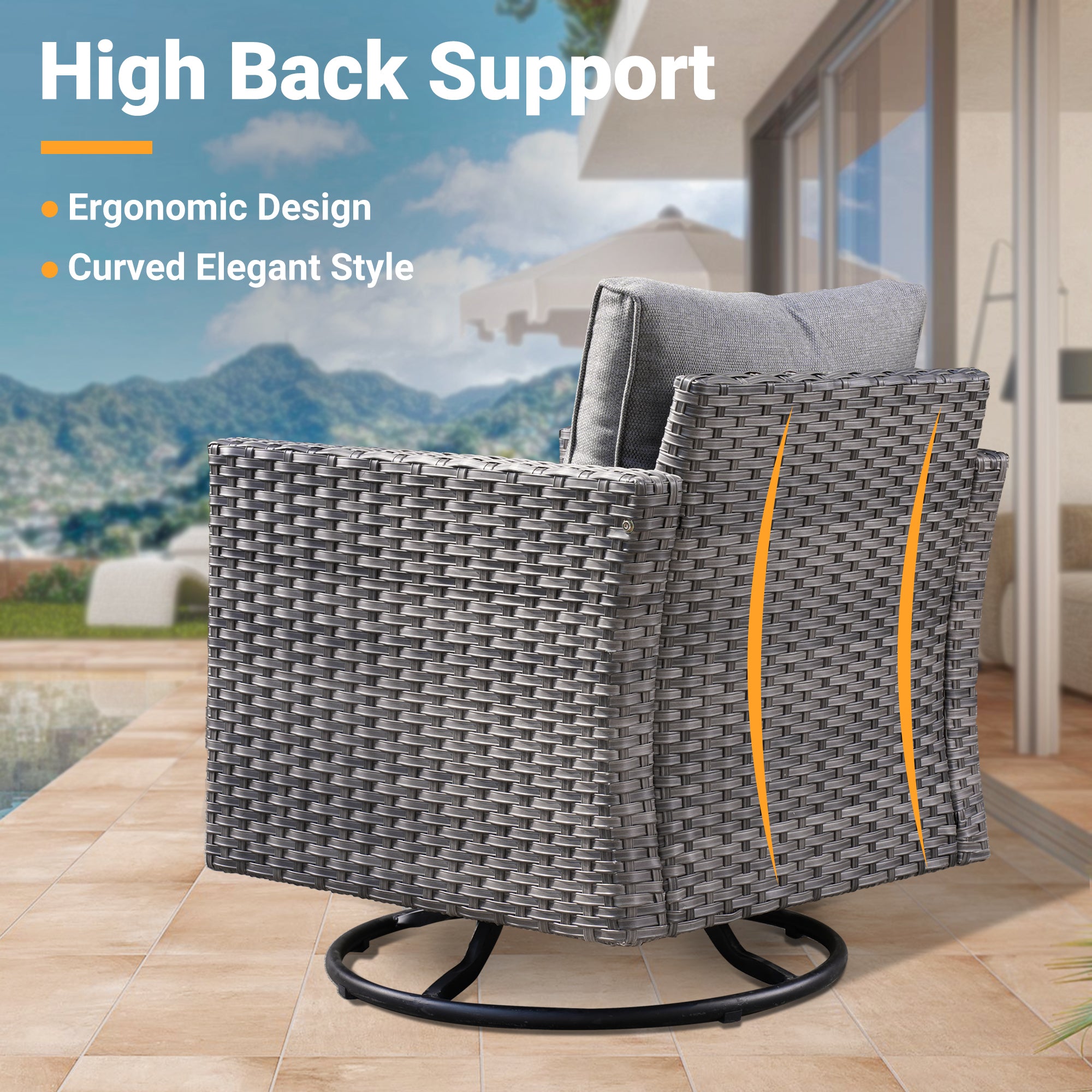 OVIOS Vultros grey wicker swivel chair with high back & ergonomic design. #Finish_Light Grey Wicker A