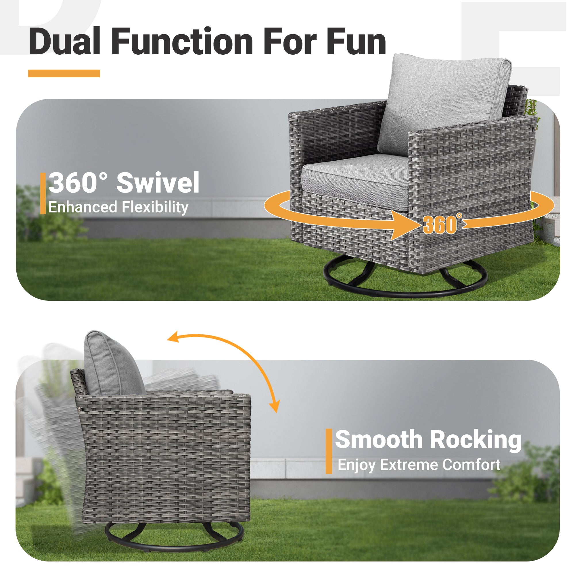 OVIOS dark grey wicker patio swivel chair with 360° rotation and smooth rocking features. #Finish_Light Grey Wicker A