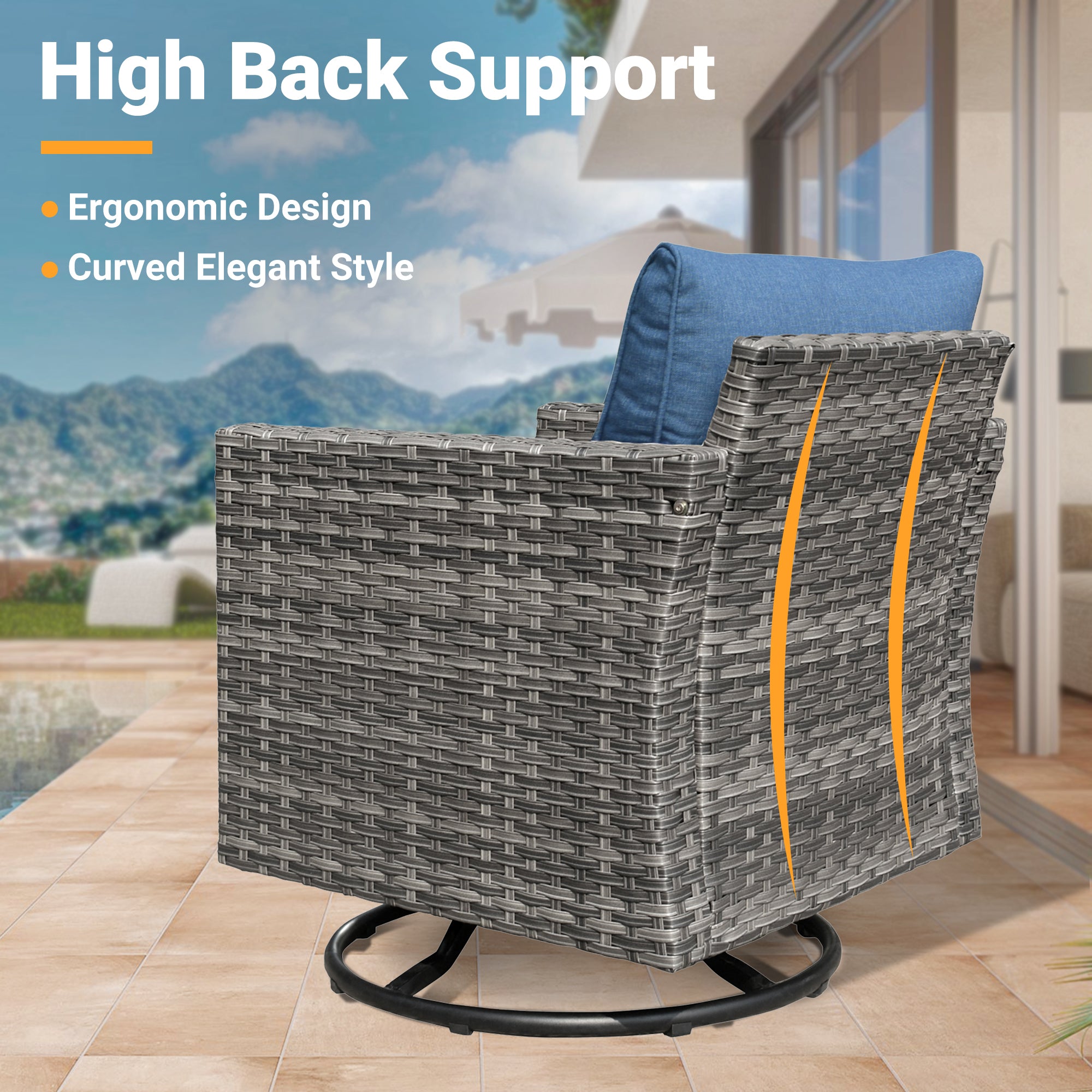 OVIOS grey wicker swivel patio chair with blue cushion, high back support. #Finish_Light Grey Wicker A