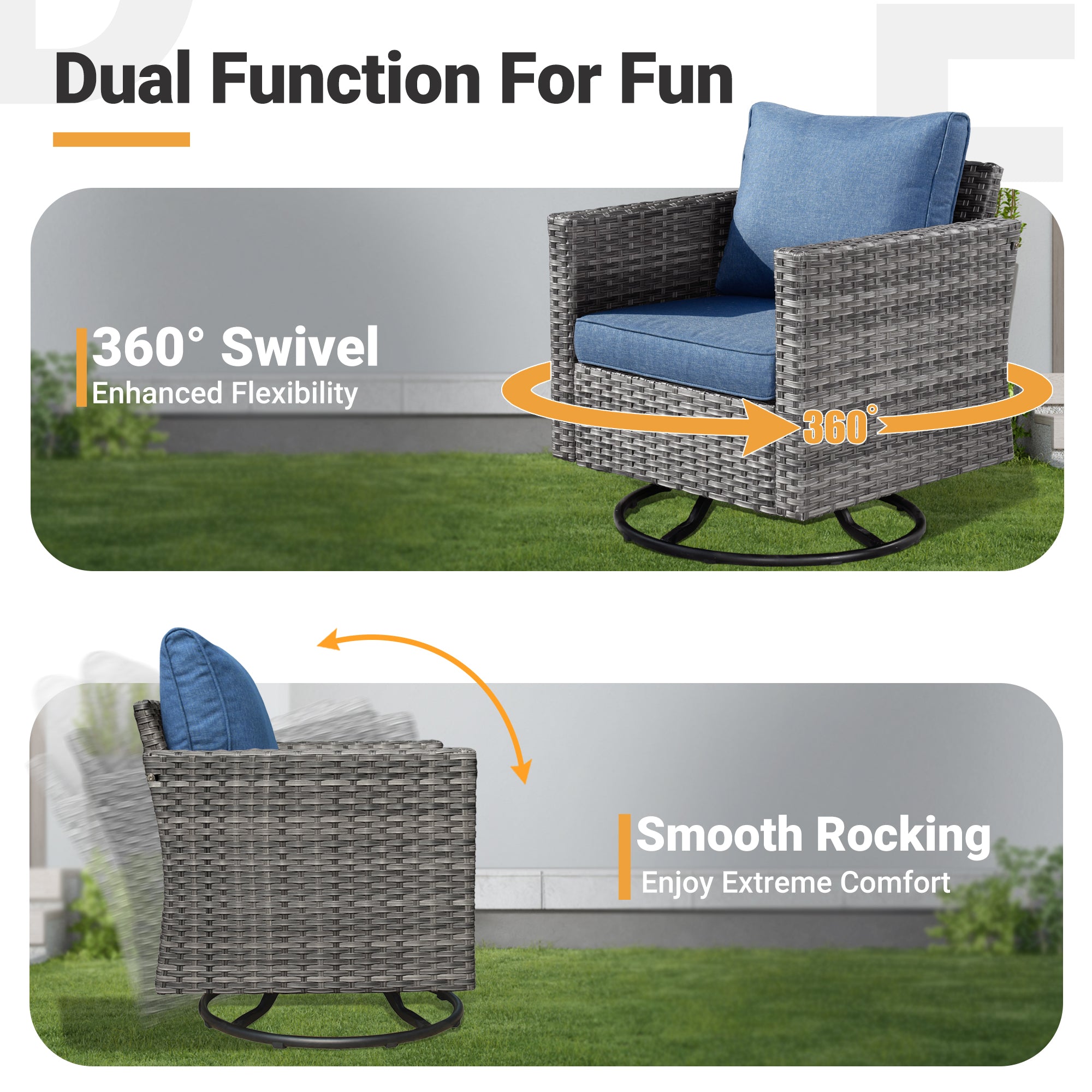 OVIOS grey wicker patio swivel chair for conversation set, highlighting 360° swivel & rocking. #Finish_Light Grey Wicker A