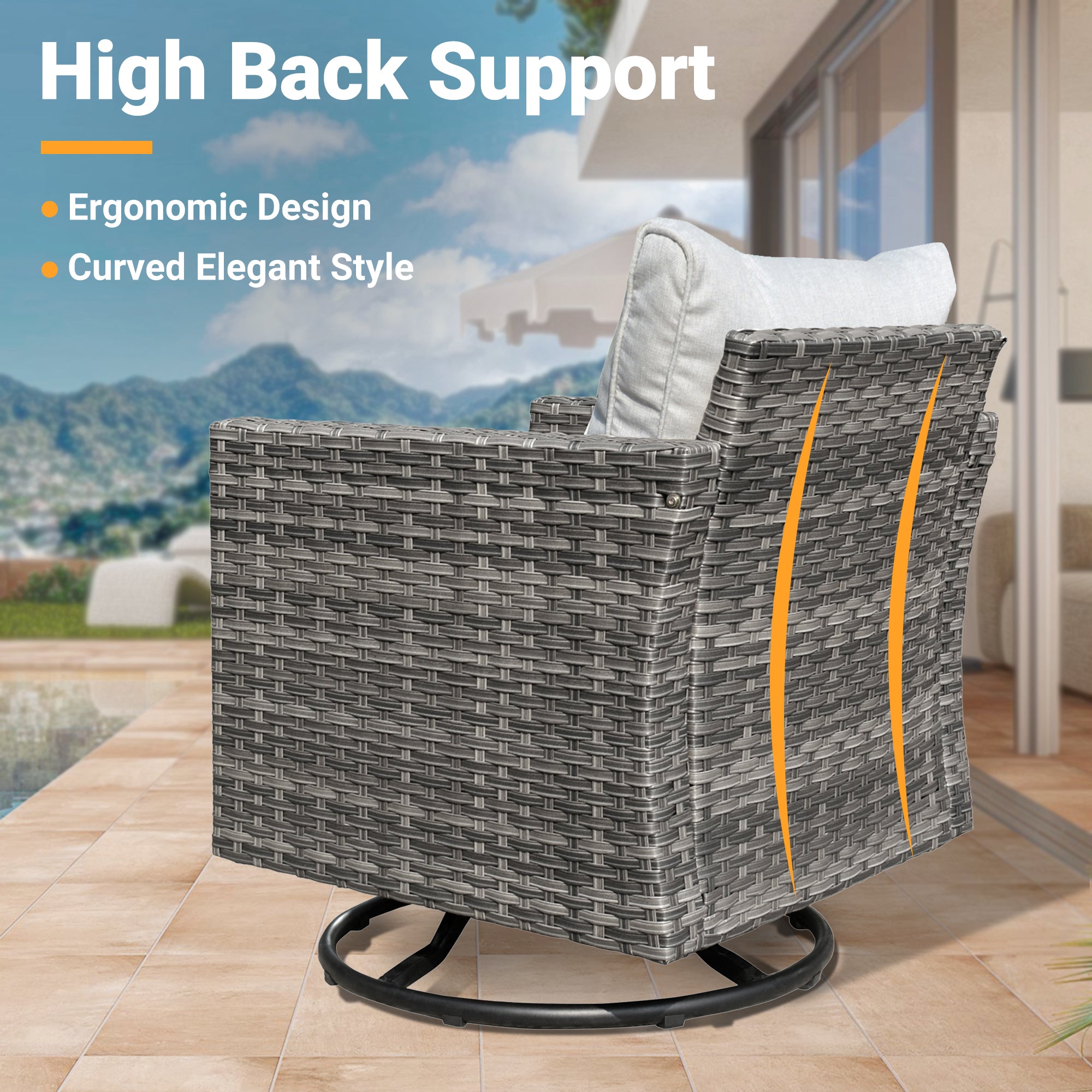 OVIOS Vultros grey wicker patio swivel chair with high back, ergonomic design. #Finish_Light Grey Wicker A