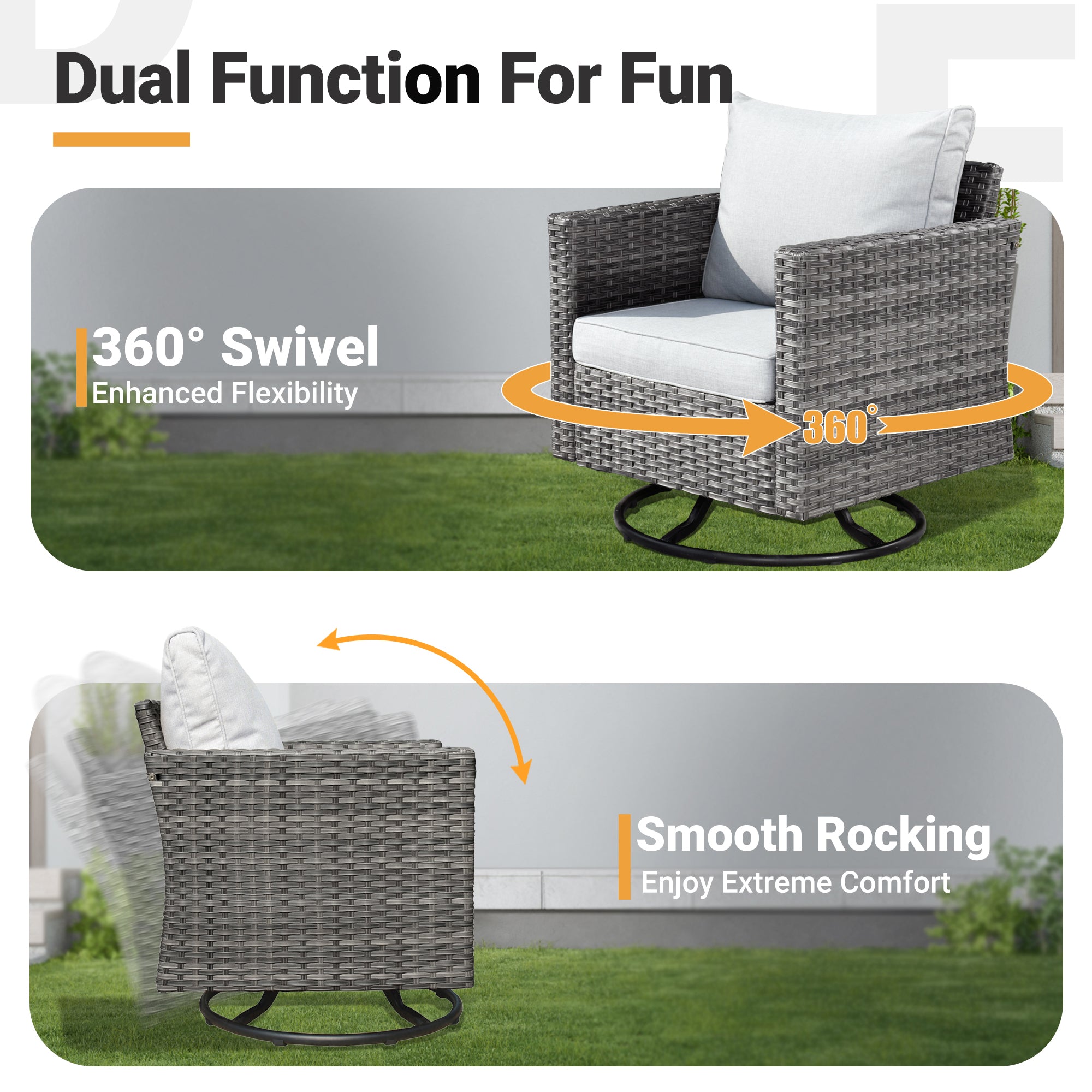 OVIOS grey wicker patio swivel chair with 360° swivel and smooth rocking features. #Finish_Light Grey Wicker A