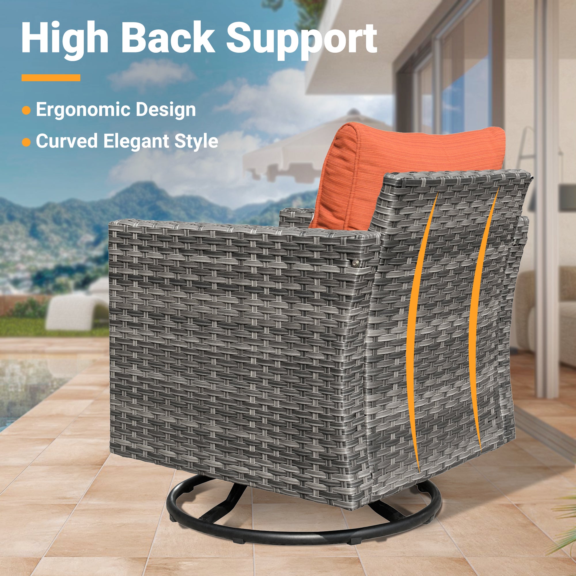 OVIOS grey wicker swivel patio chair with high back, ergonomic design, and orange cushion. #Finish_Light Grey Wicker A
