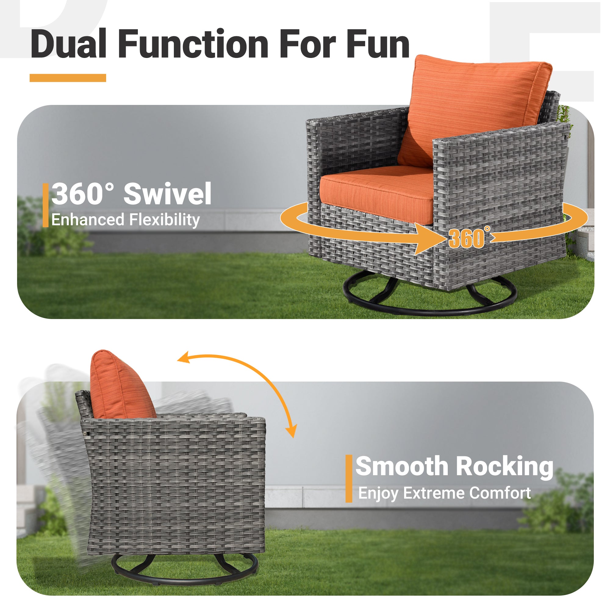 OVIOS patio swivel chair: grey wicker, orange cushion, 360° rotation, smooth rocking. #Finish_Light Grey Wicker A