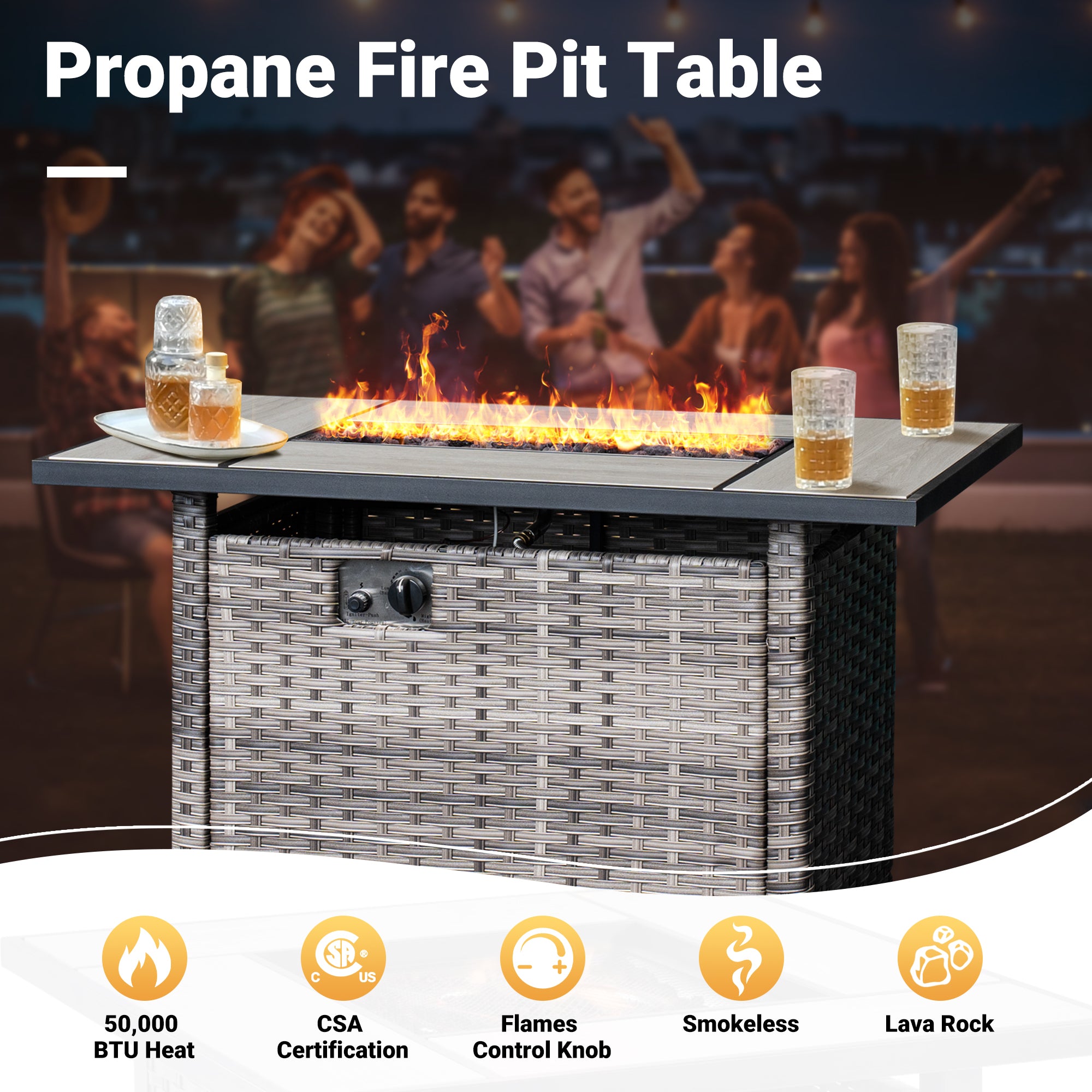 General OVIOS rectangular 42'' wicker propane fire pit table, 50,000 BTU, CSA certified.