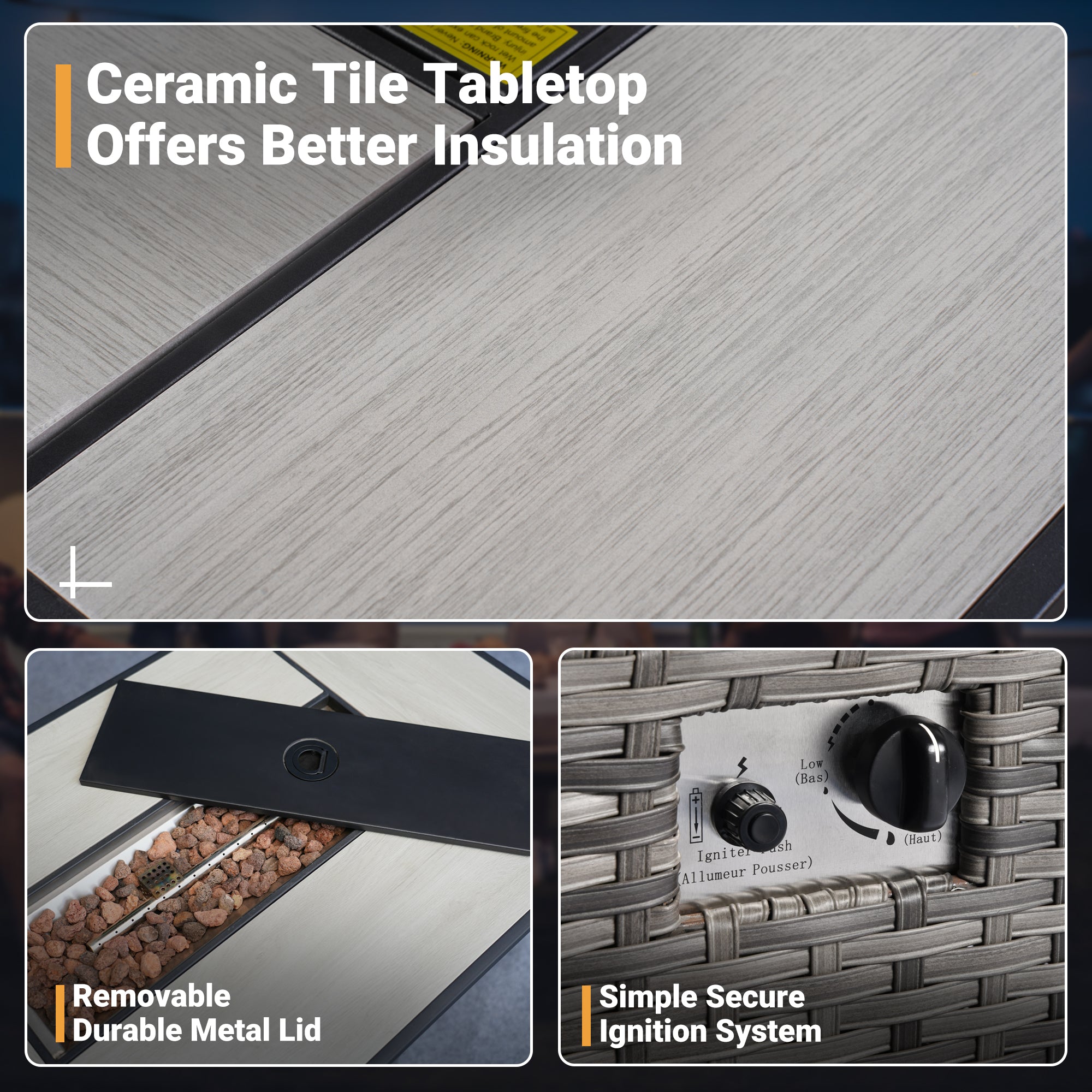 OVIOS Patio Vultros 7-Piece Set With Swivel Chair and Rectangle 42'' Propane Fire Pit Table