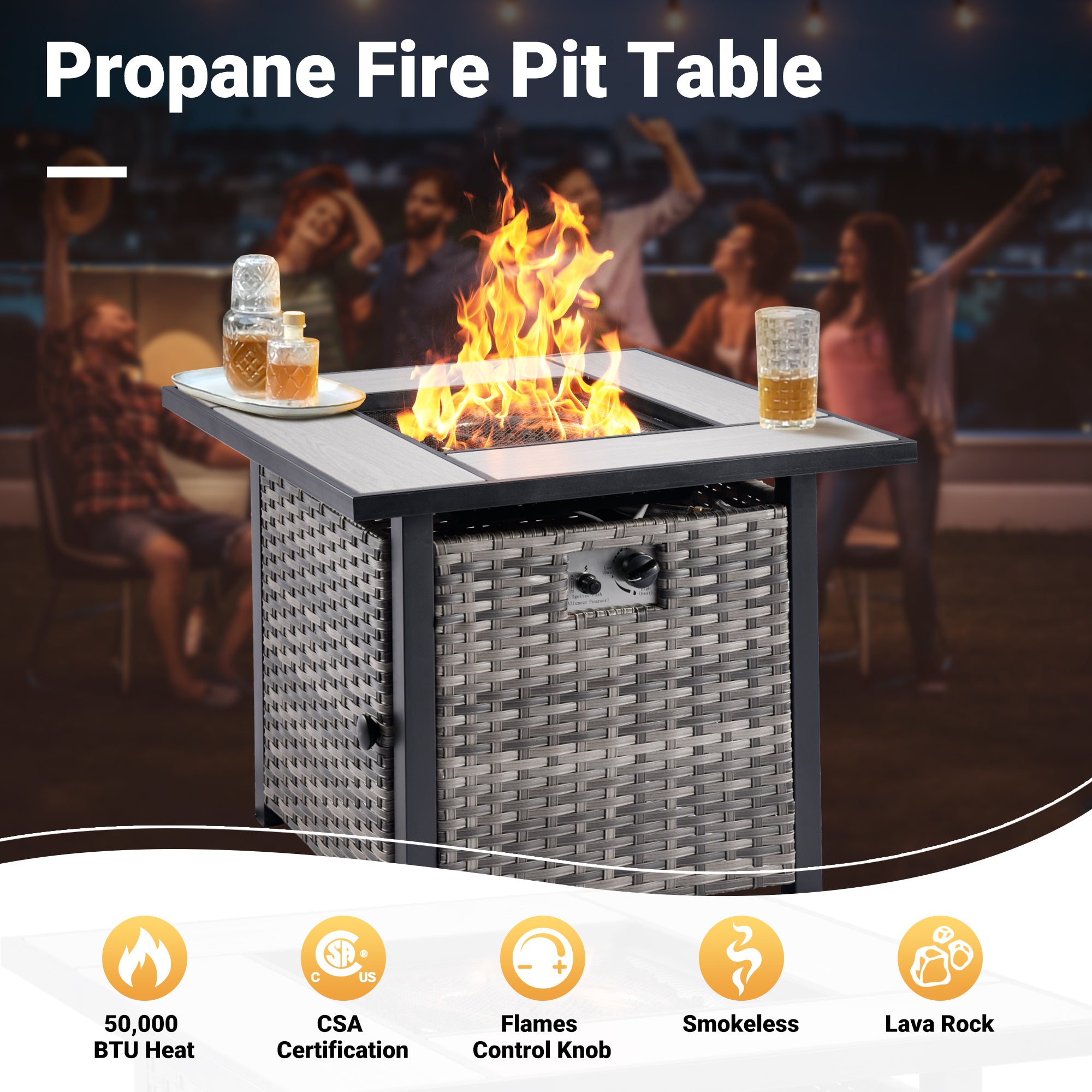 OVIOS Patio Vultros 6-Piece Conversation Set, 2 Swivel Chairs 2 Chairs with 30'' Propane Fire Pit Table