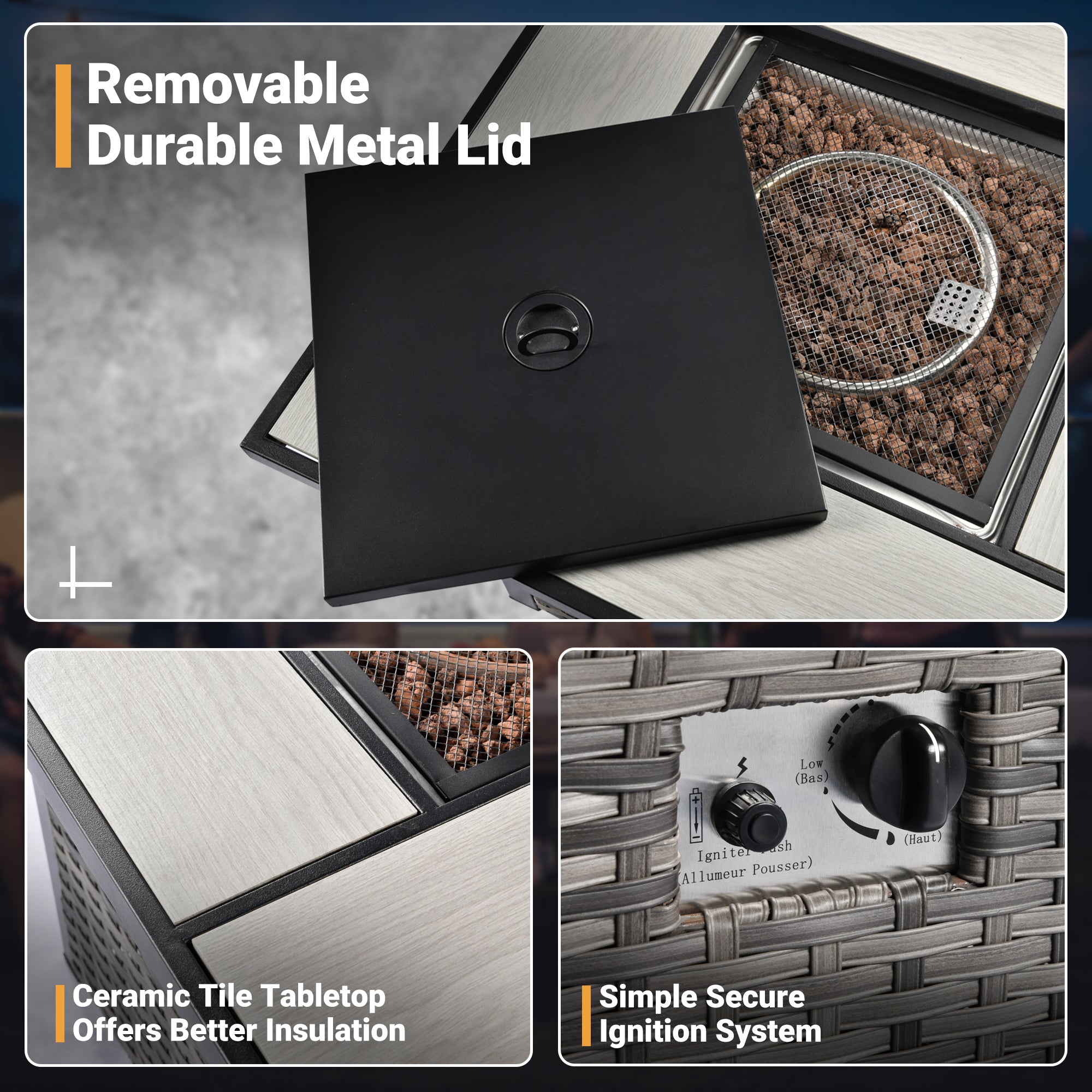 General Ovios patio furniture fire pit table features: removable lid, ceramic tile top, ignition.