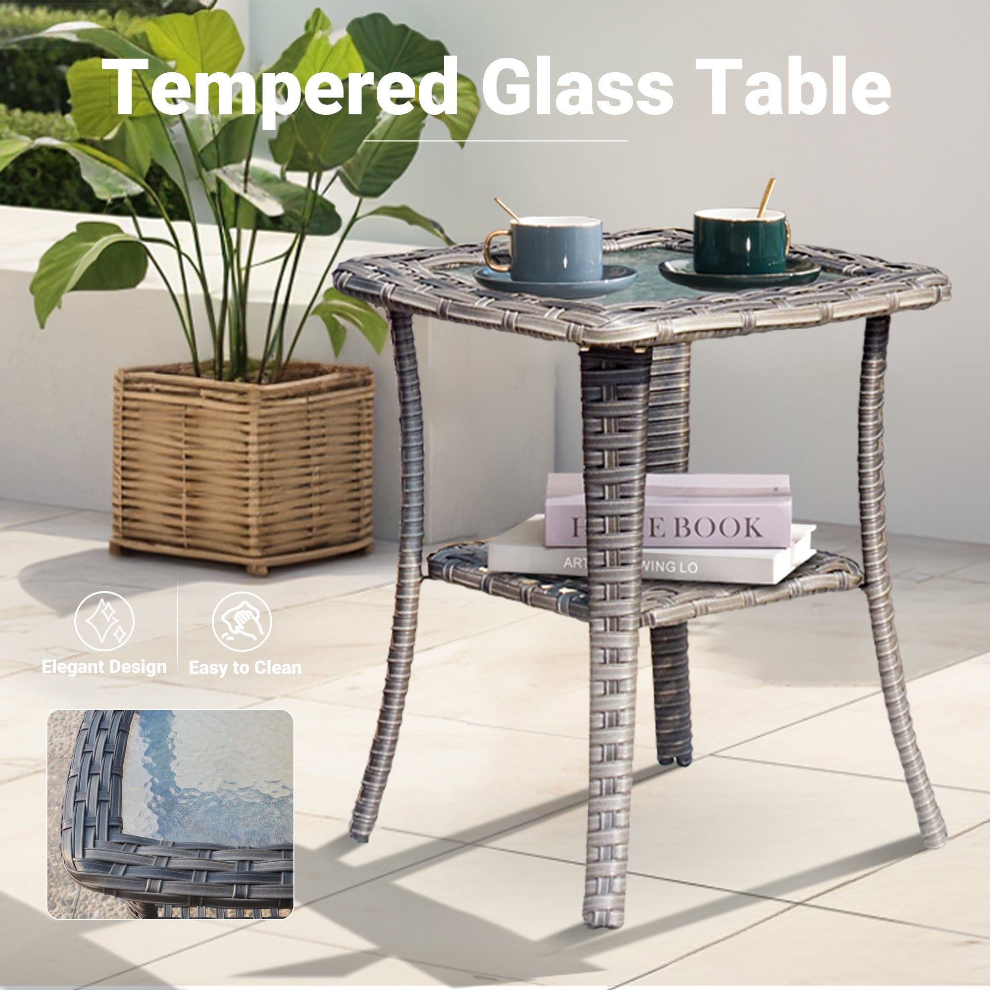 OVIOS wicker patio side table with tempered glass top for conversation set
