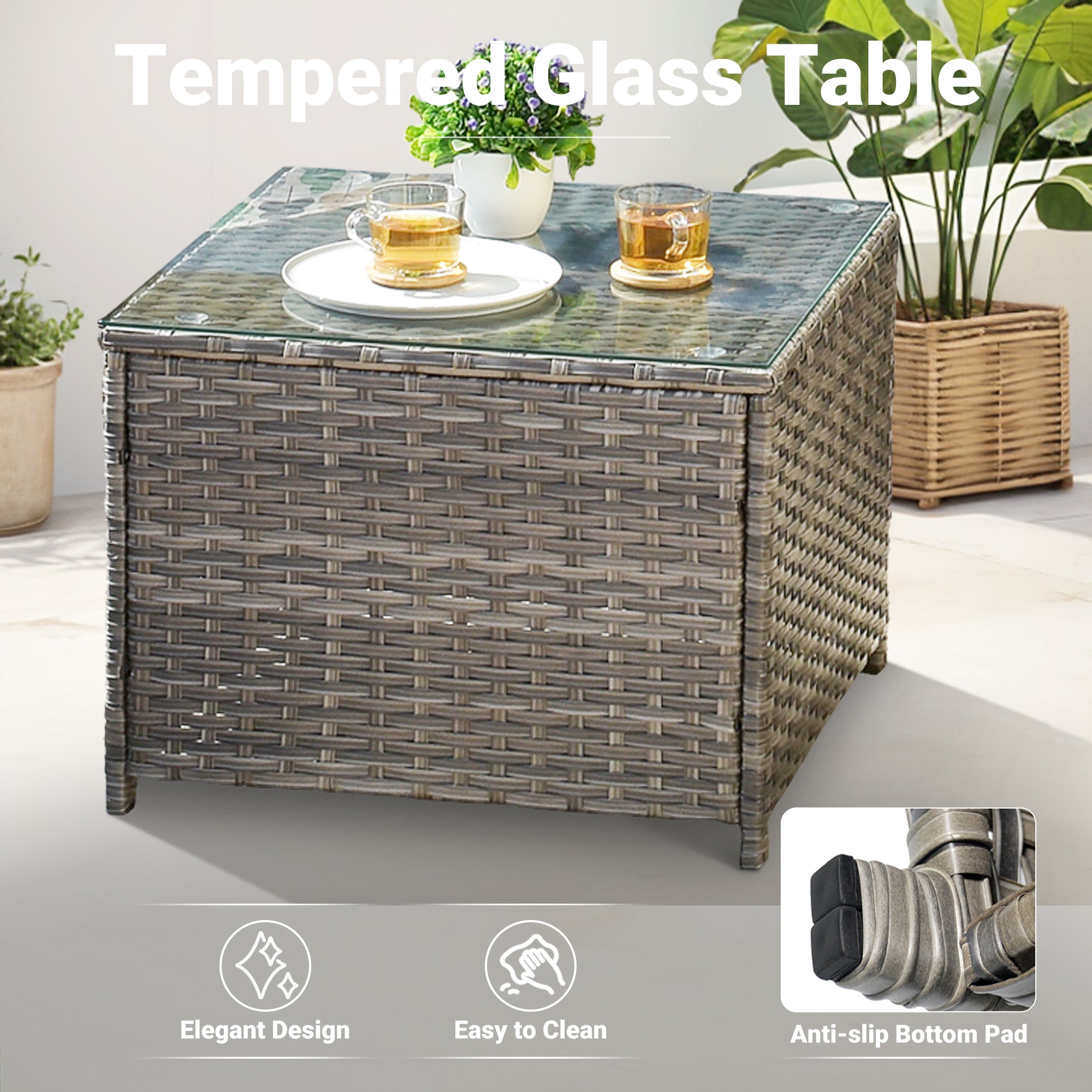 OVIOS grey wicker patio table with tempered glass top