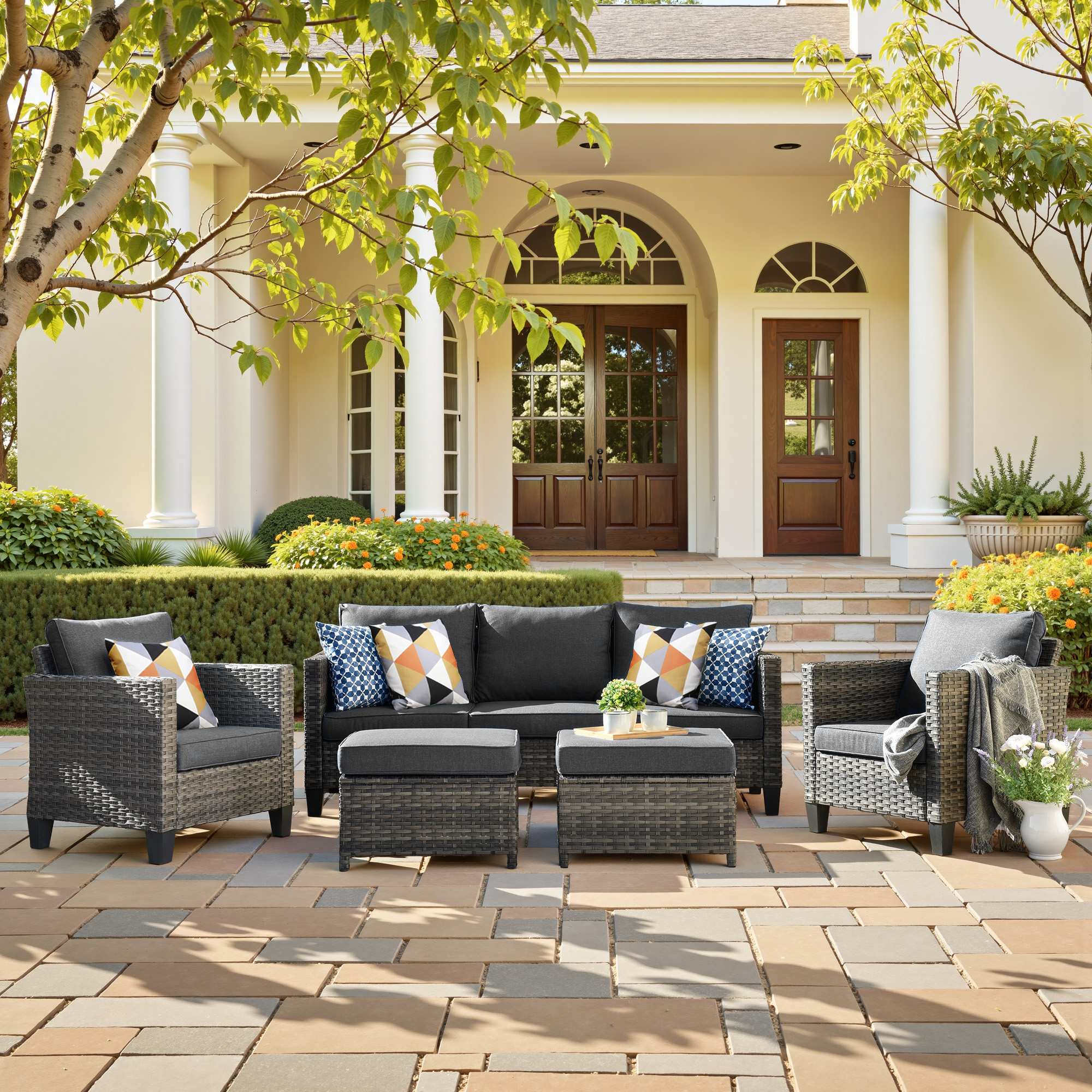 OVIOS Outdoor Patio Furniture Set with Wicker Sofa Loveseat Ottomans and Rocking Chairs