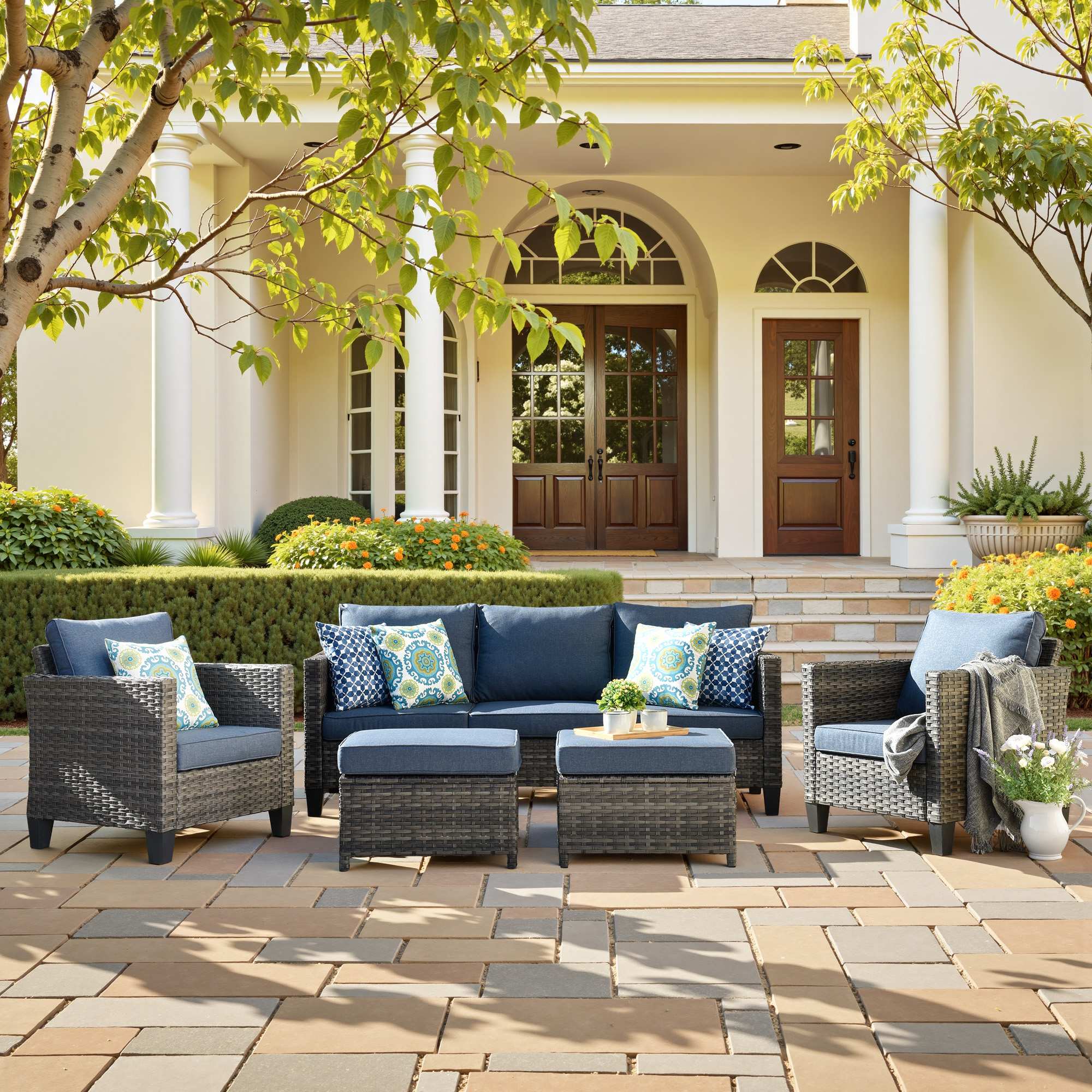 OVIOS Outdoor Patio Furniture Set with Wicker Sofa Loveseat Ottomans and Rocking Chairs