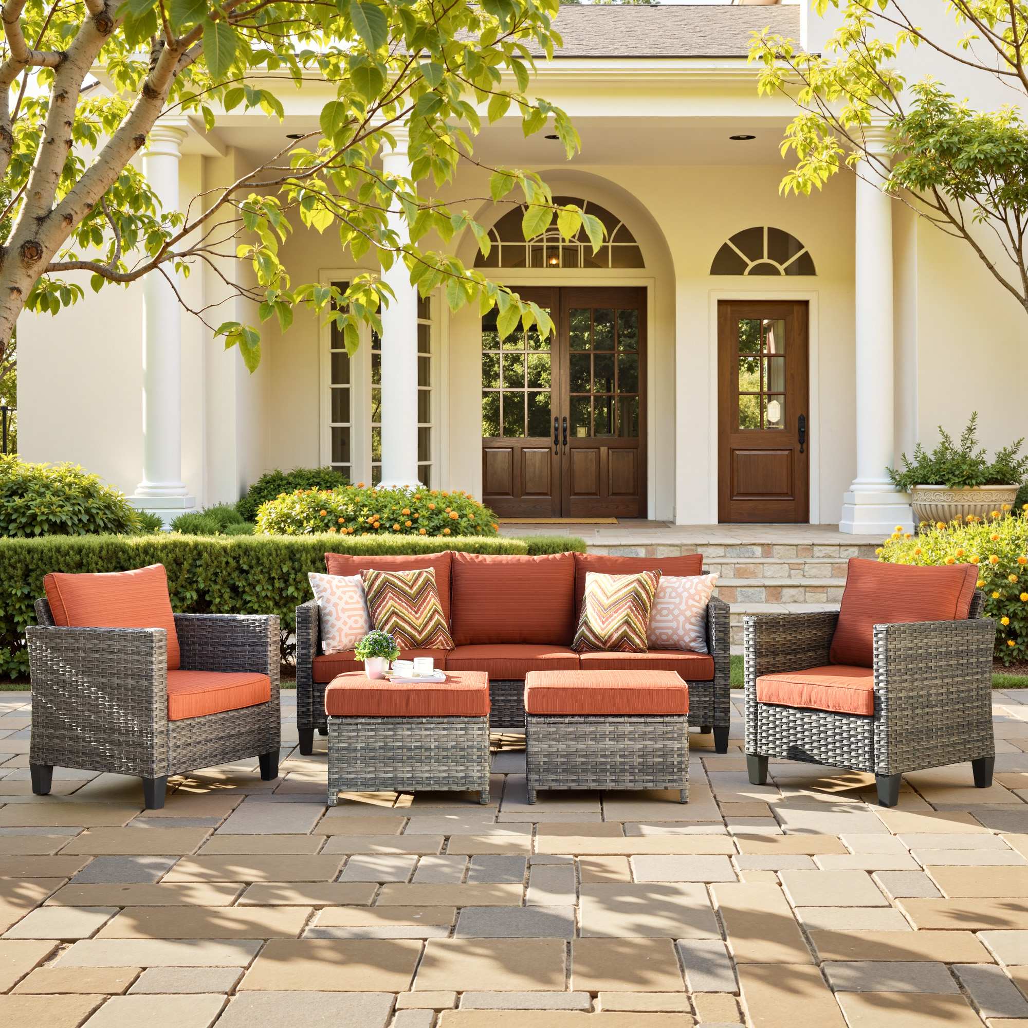 OVIOS Outdoor Patio Furniture Set with Wicker Sofa Loveseat Ottomans and Rocking Chairs