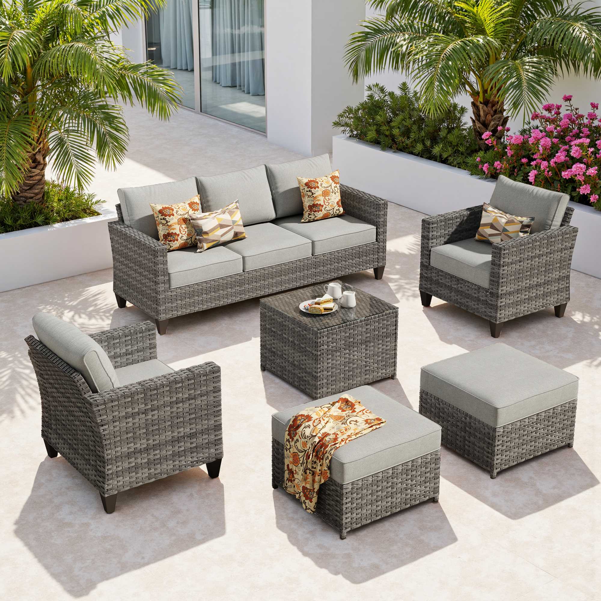OVIOS Outdoor Patio Furniture Set with Wicker Sofa Loveseat Ottomans and Rocking Chairs