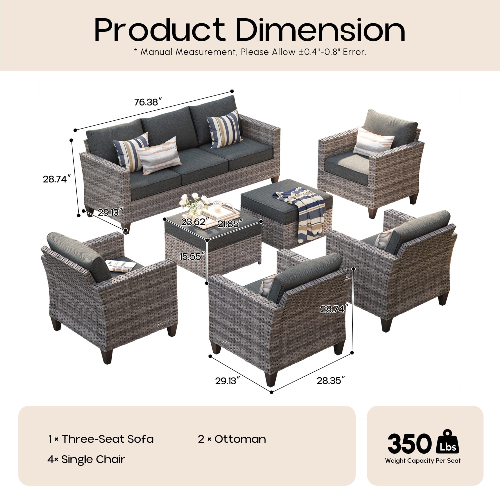 OVIOS Outdoor Patio Furniture Set with Wicker Sofa Loveseat Ottomans and Rocking Chairs