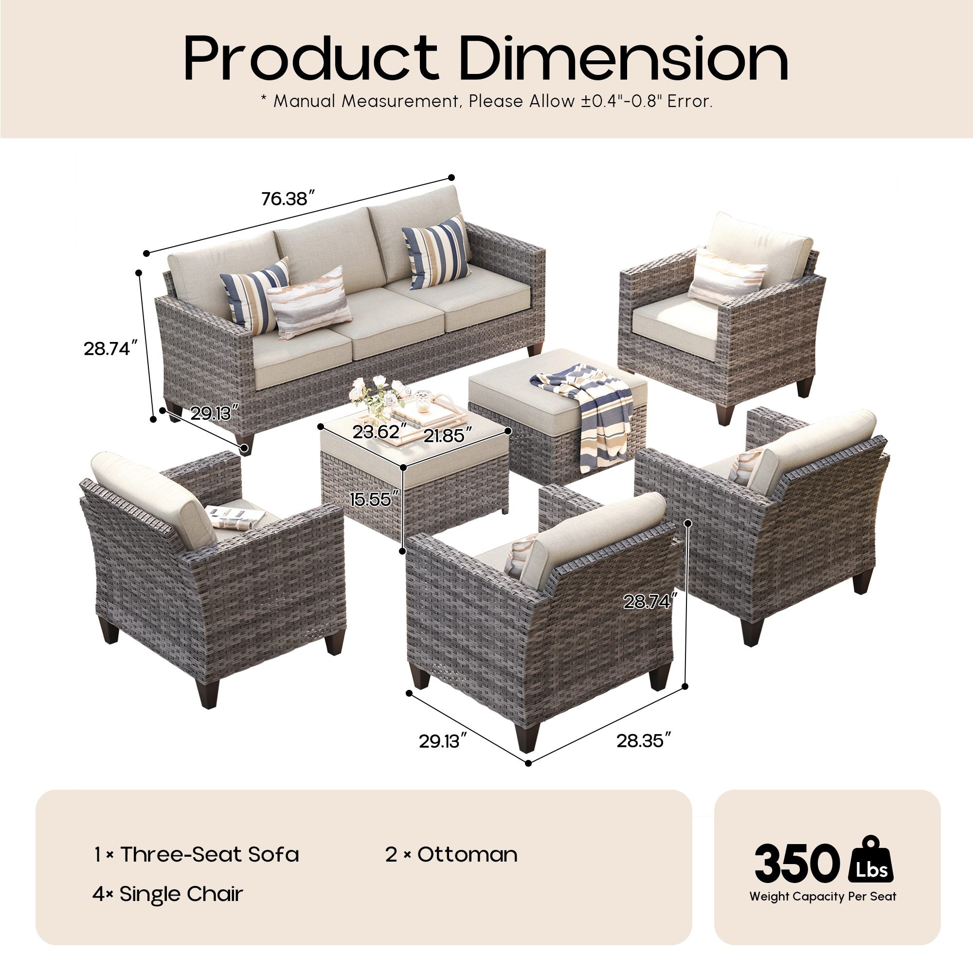 OVIOS Outdoor Patio Furniture Set with Wicker Sofa Loveseat Ottomans and Rocking Chairs