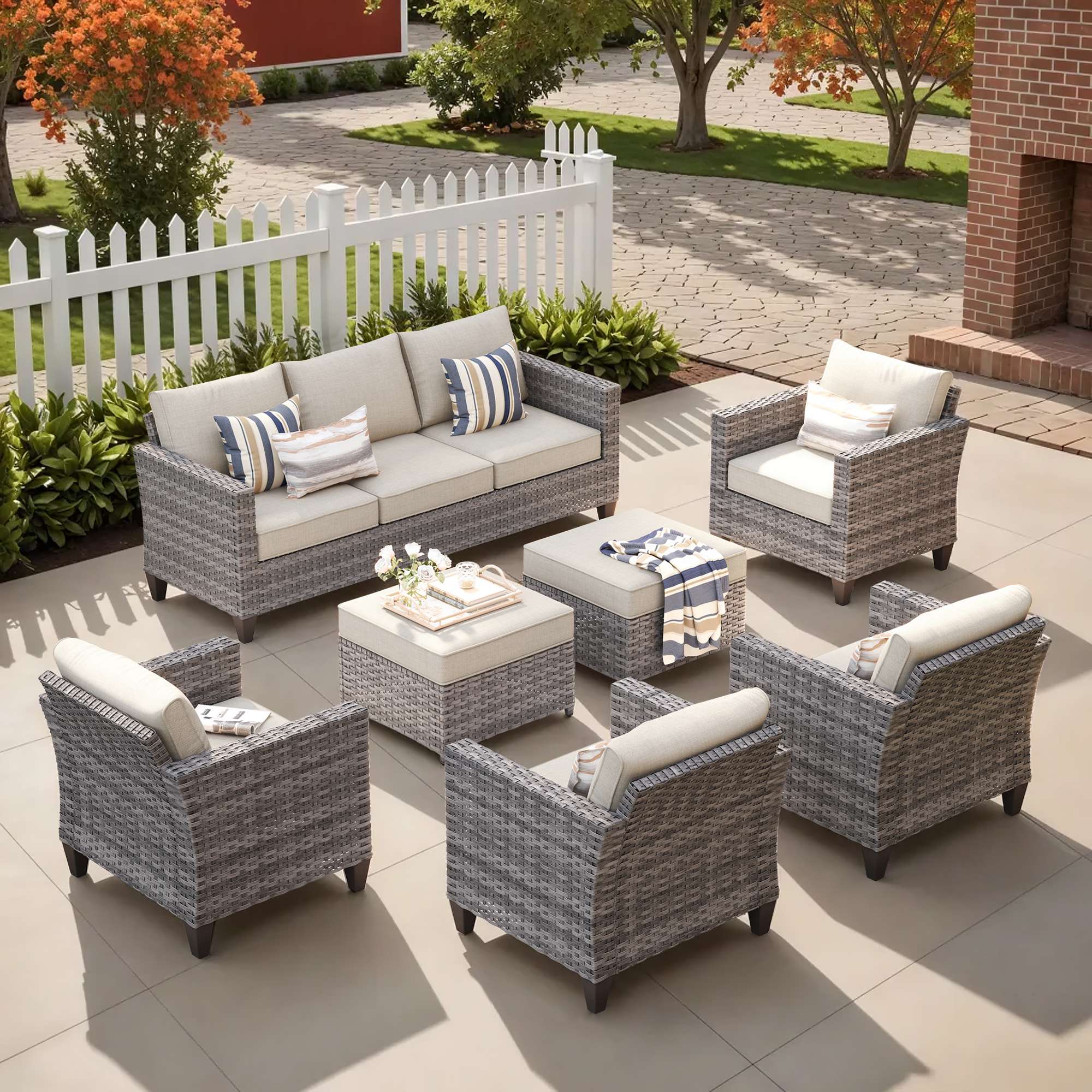 OVIOS Outdoor Patio Furniture Set with Wicker Sofa Loveseat Ottomans and Rocking Chairs