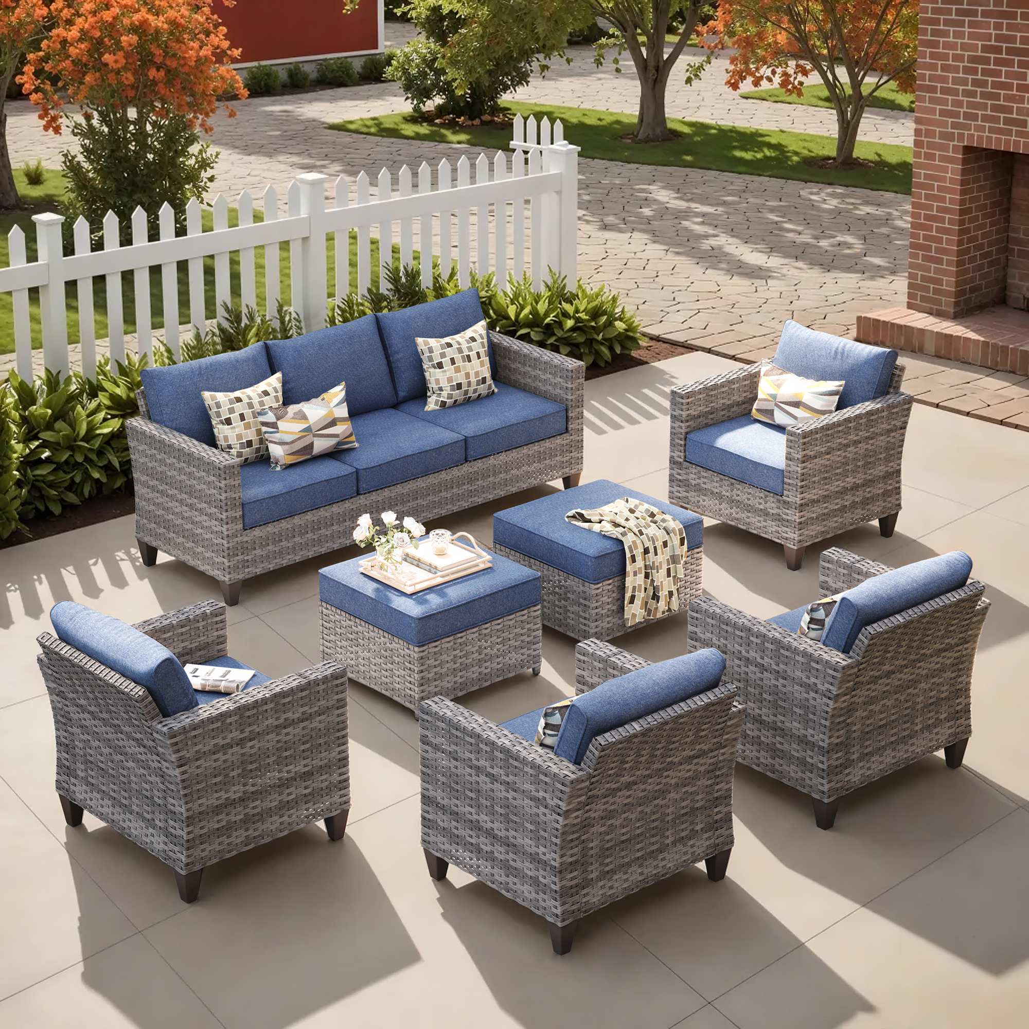 OVIOS Outdoor Patio Furniture Set with Wicker Sofa Loveseat Ottomans and Rocking Chairs