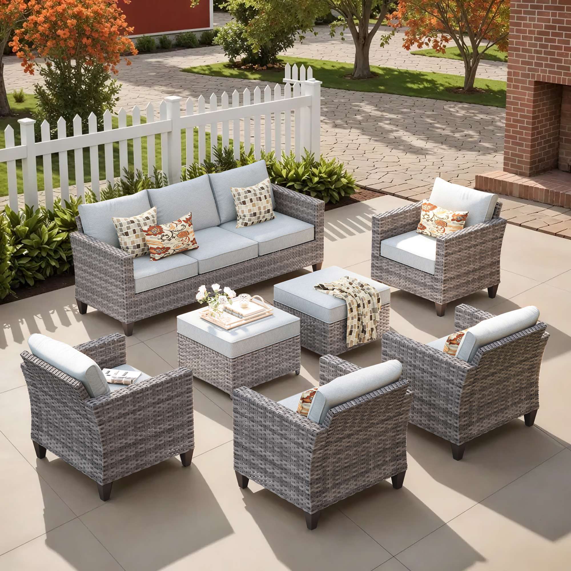 OVIOS Outdoor Patio Furniture Set with Wicker Sofa Loveseat Ottomans and Rocking Chairs