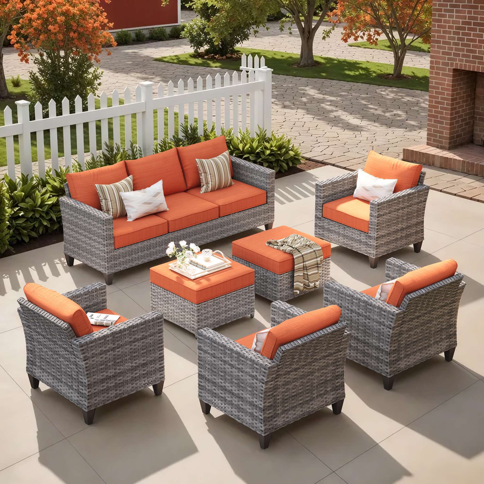 OVIOS Outdoor Patio Furniture Set with Wicker Sofa Loveseat Ottomans and Rocking Chairs