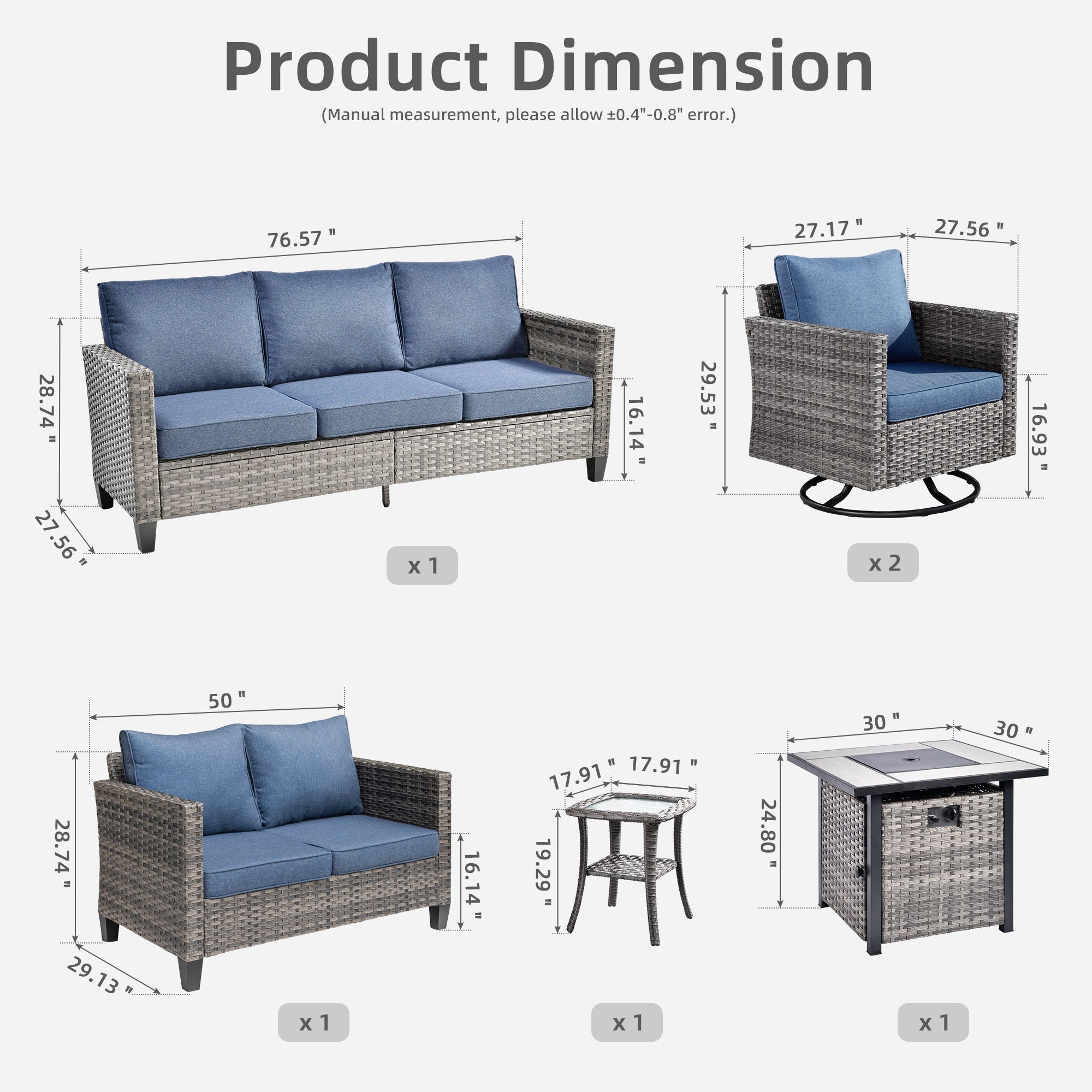 OVIOS Patio Vultros 6-Piece Set With Swivel Chair Lover seat and 30'' Propane Fire Pit Table